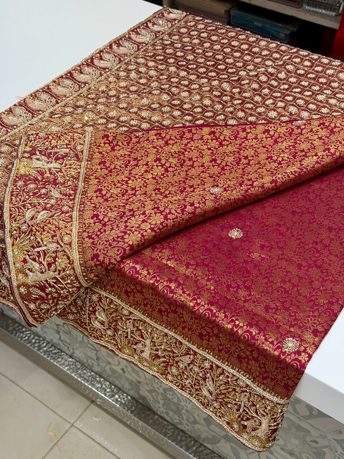 Maroonish Wine Kanjivaram Landscape Zardosi Hand Embroidery Saree