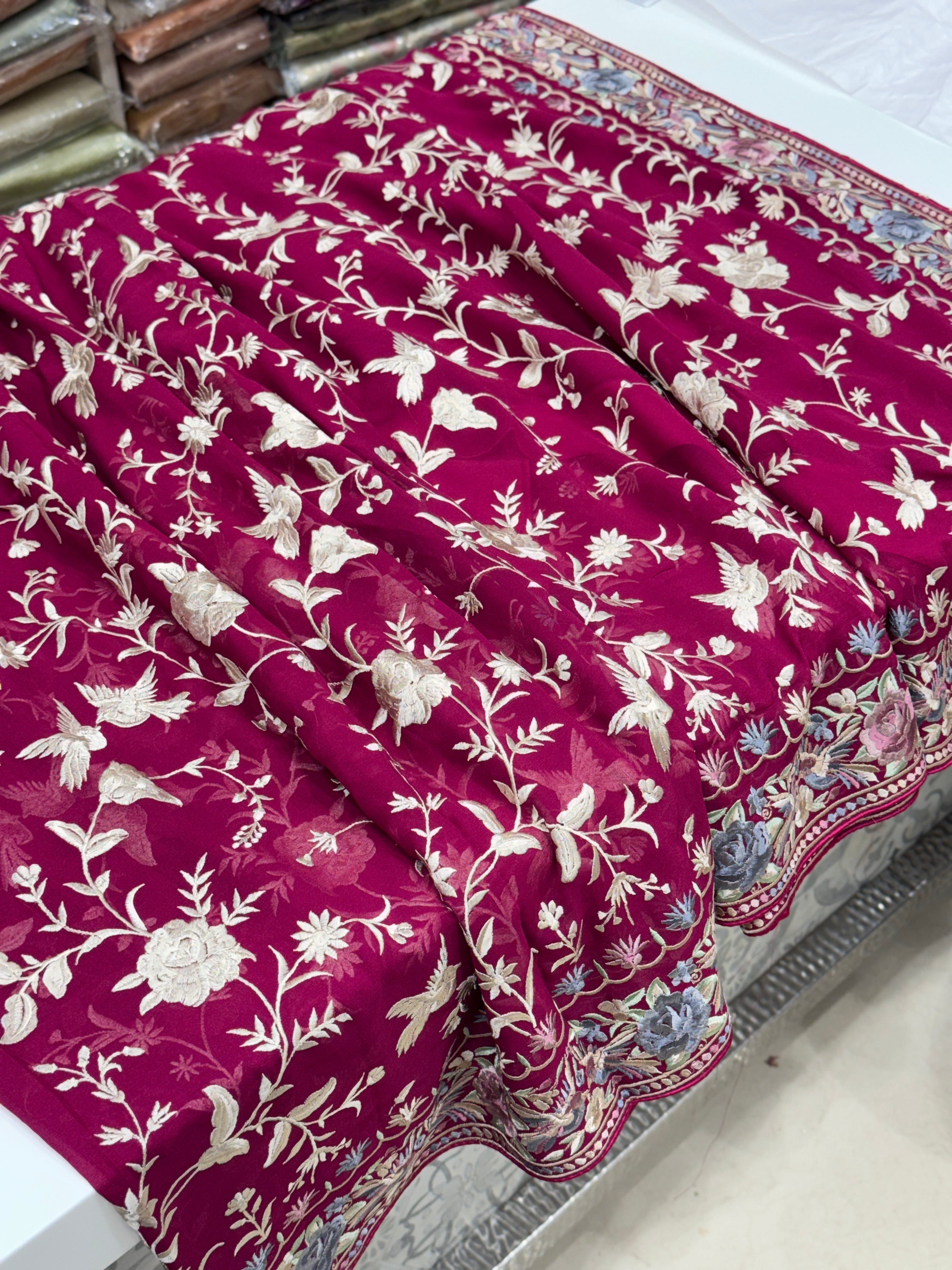 Cross Wine Persian Jaal Loving Birds Parsi Gara Saree