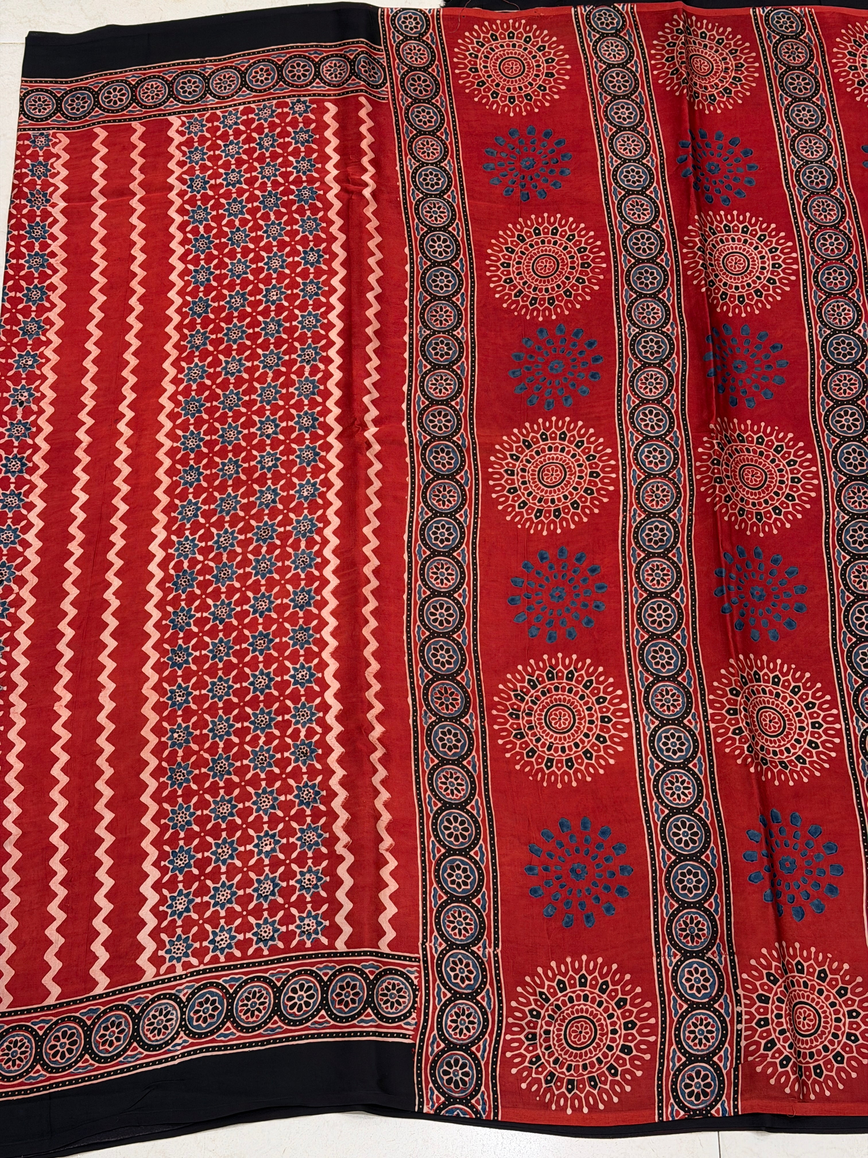 Red Modern Style Ajrakh Hand Block Print Pure Modal Silk Saree