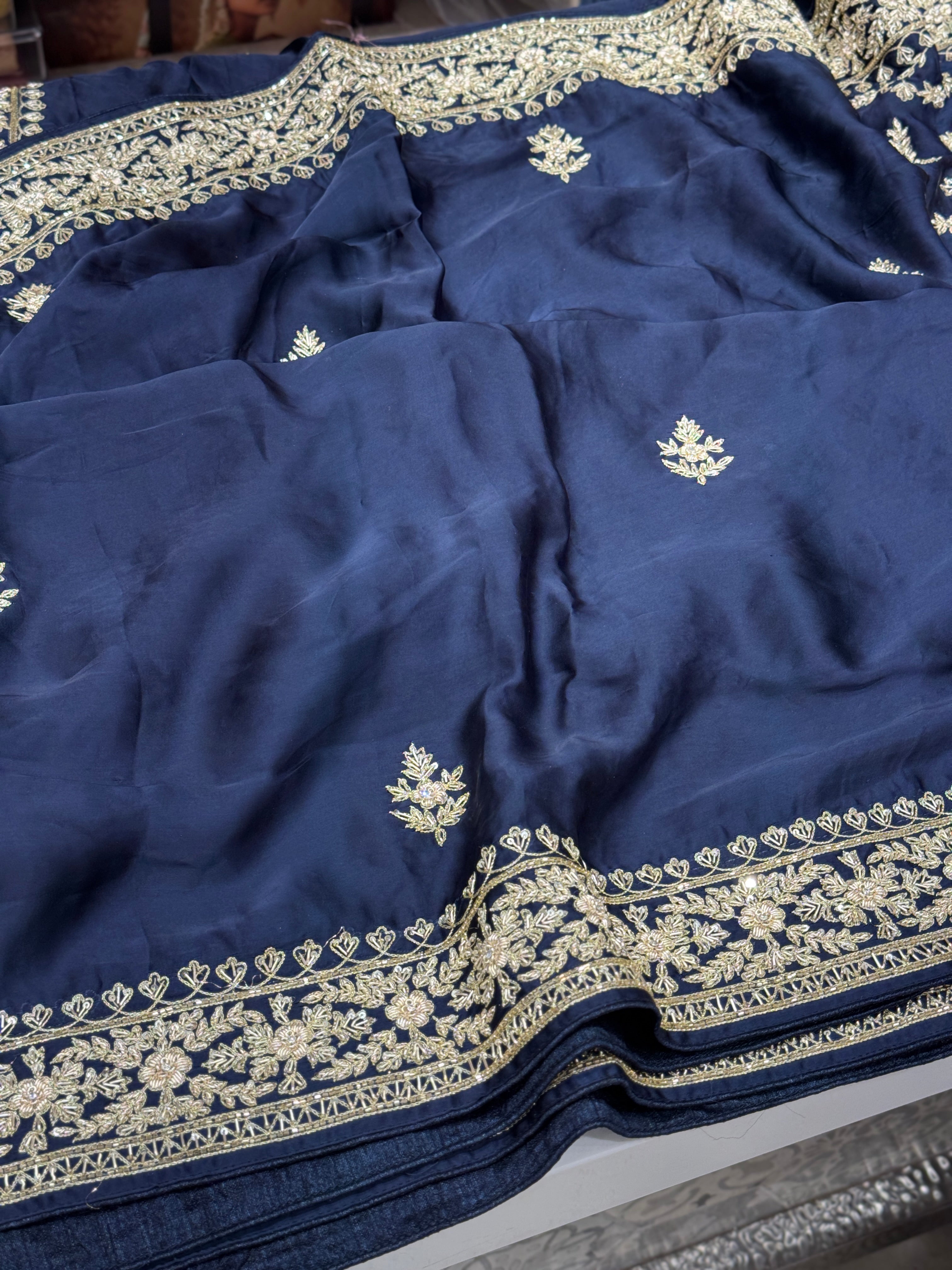 Blue Border Pan Butti Satin Hand Embroidered Zardosi Saree