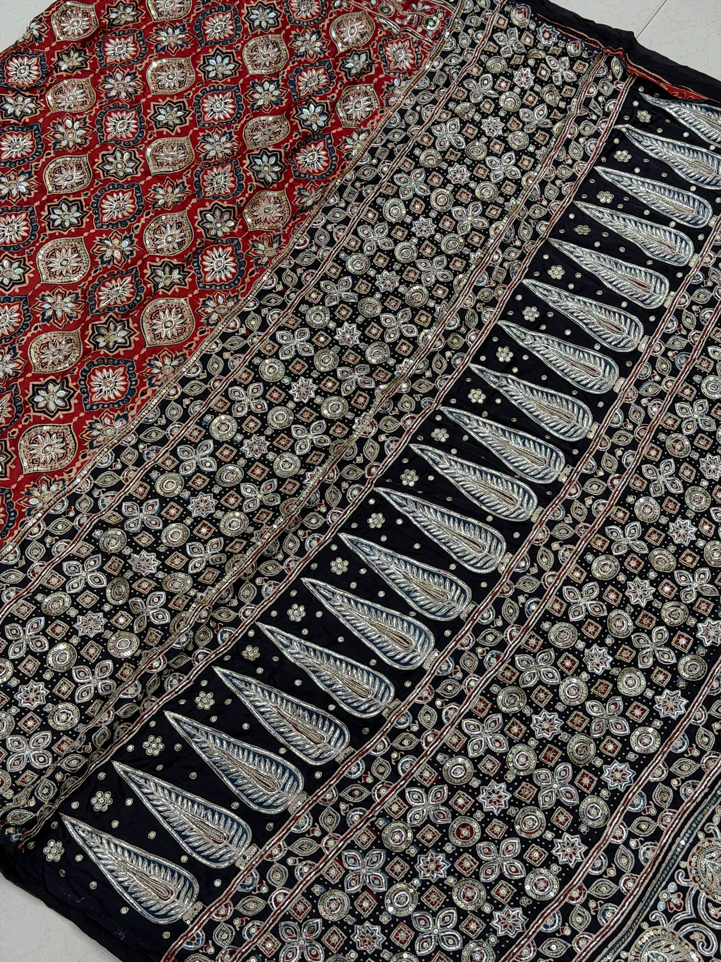 Black Red Badam Jaal Pita Zardosi Sequin Ajrakh Hand Embroidery Saree
