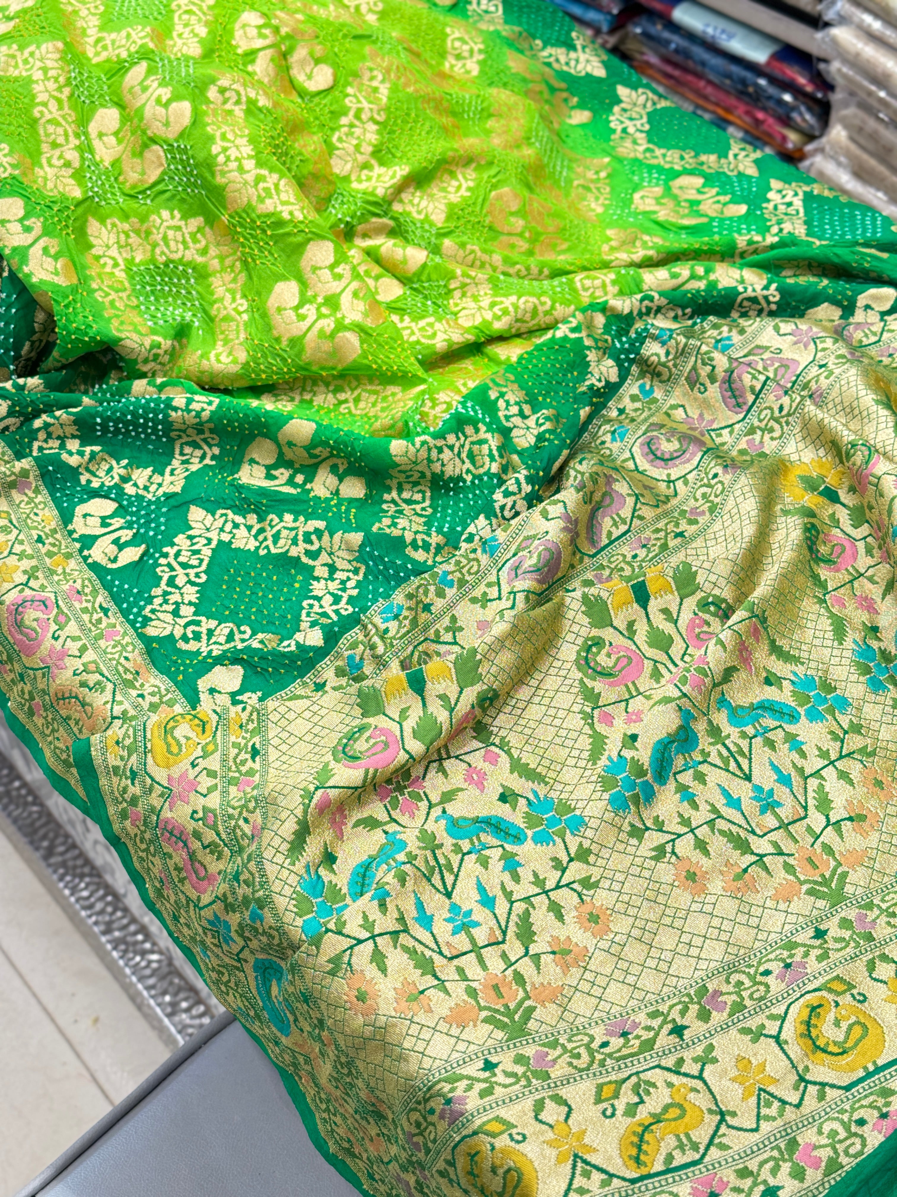 Green Shaded Luxury Bandhej Meenakari Saree