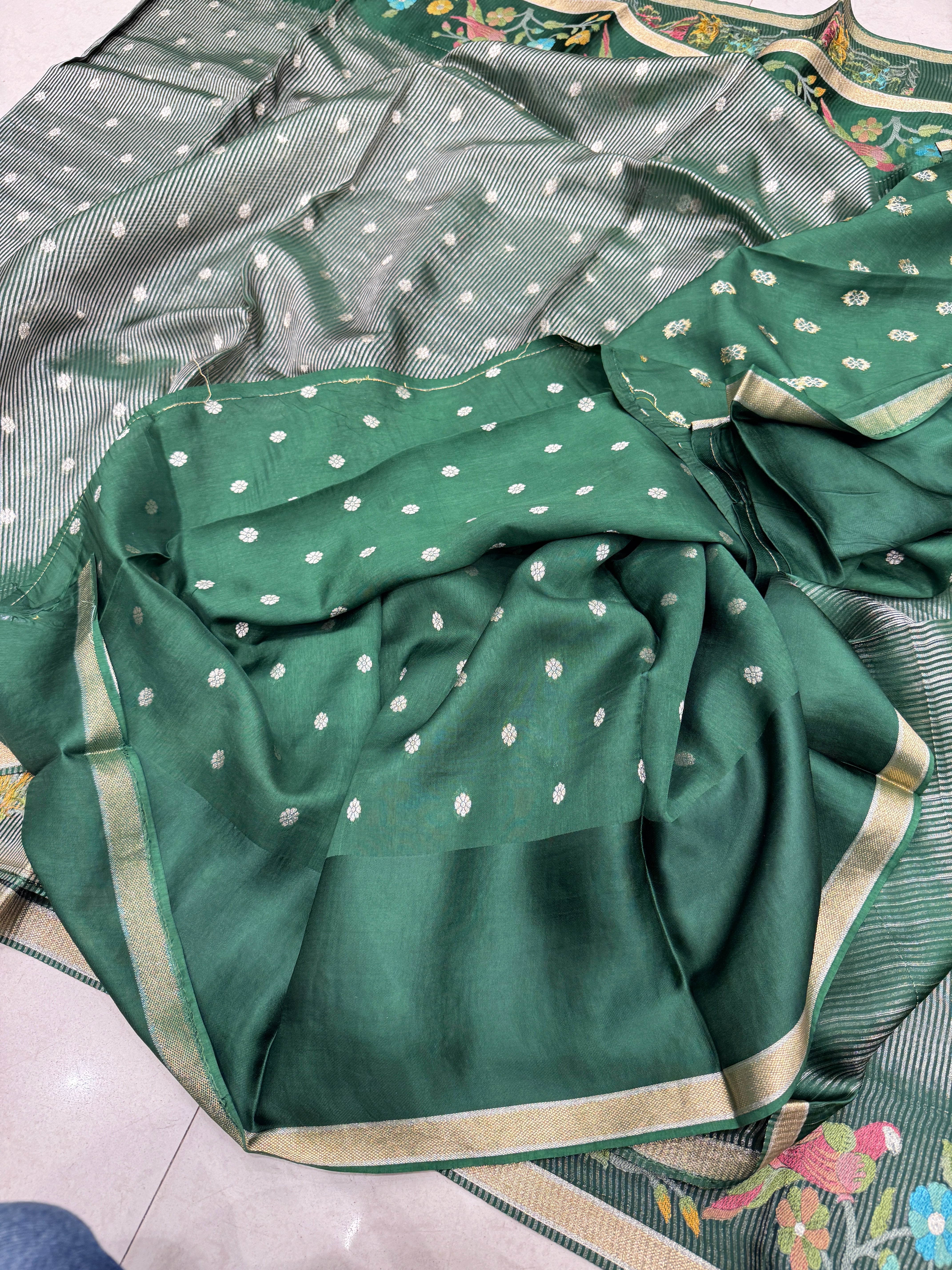 Bottle Green Contemporary Tissue Parsi Petit Point Weaved Saree