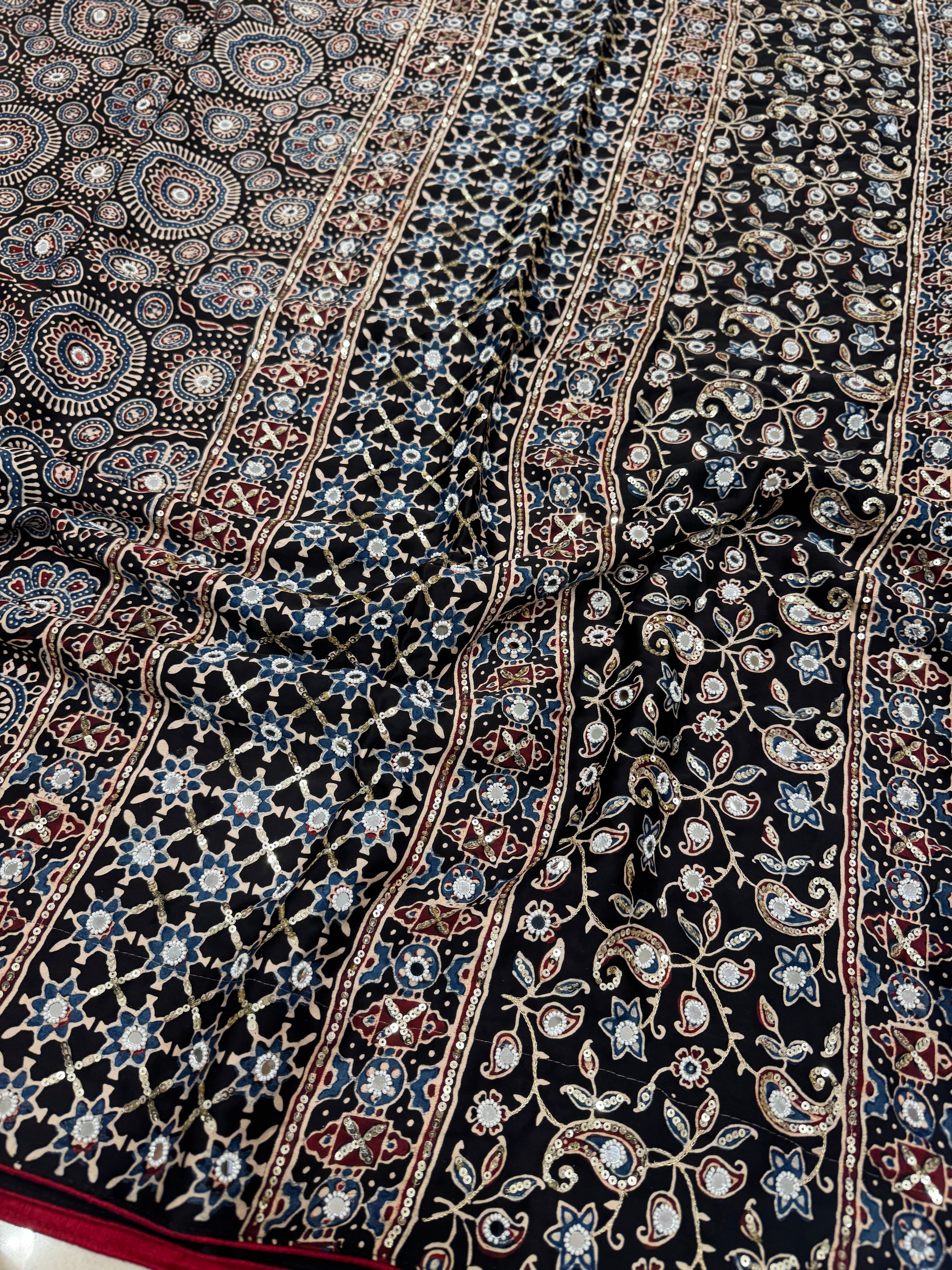 Black Badam Buttas Ajrakh Sequin Mirror Moti Hand Embroidery Saree