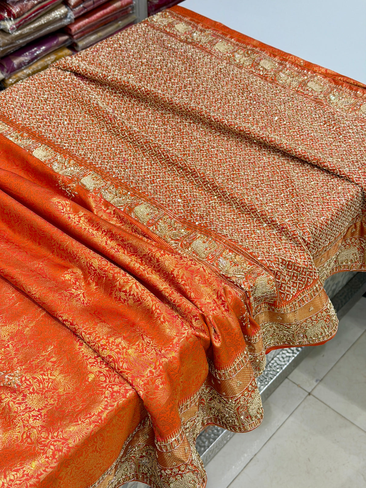 Rust Orange Kanjivaram Elephant Motifs Zardosi Hand Embroidery Saree
