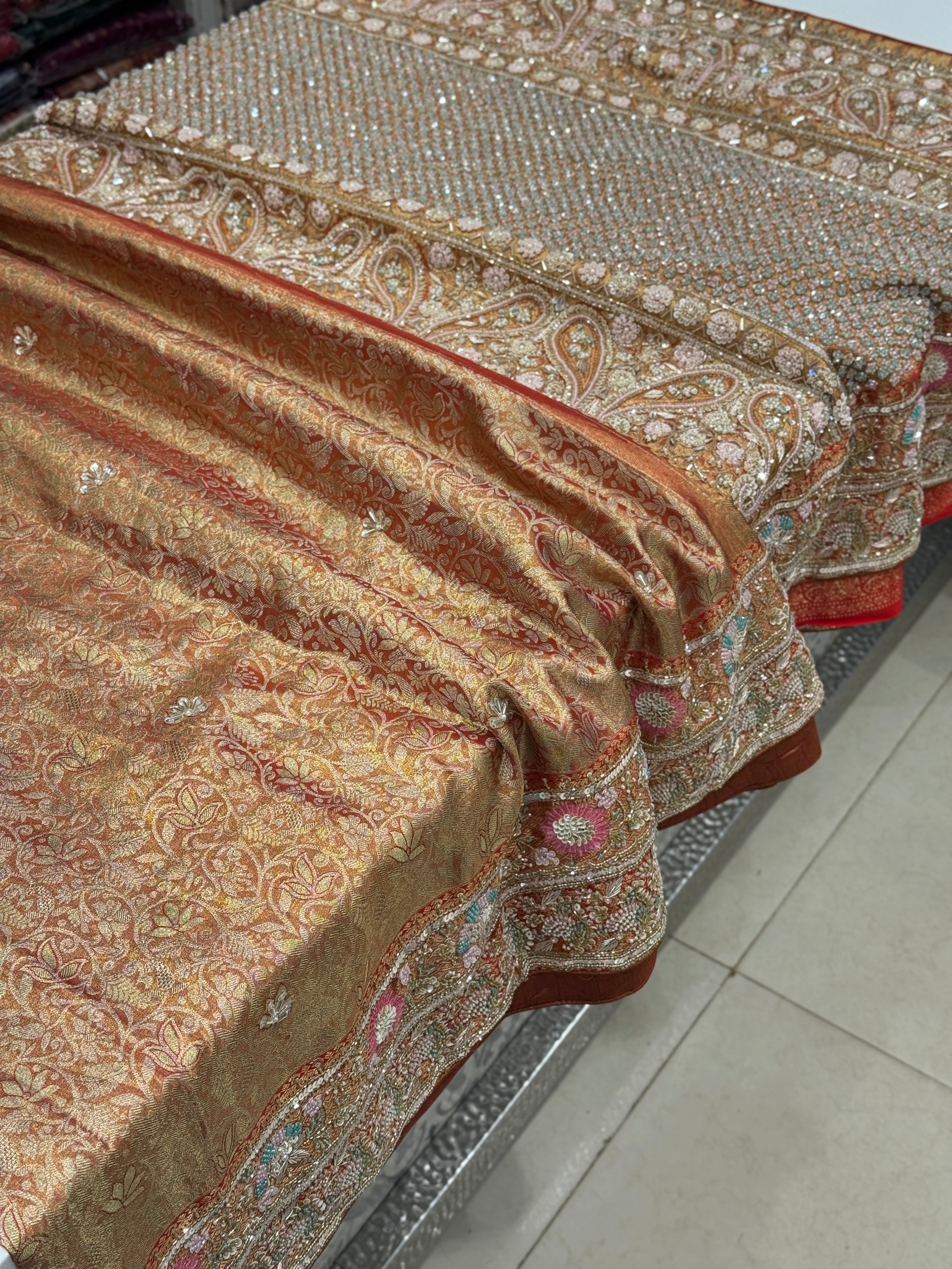 Red Tissue Kanjivaram Hand Embroidery Saree