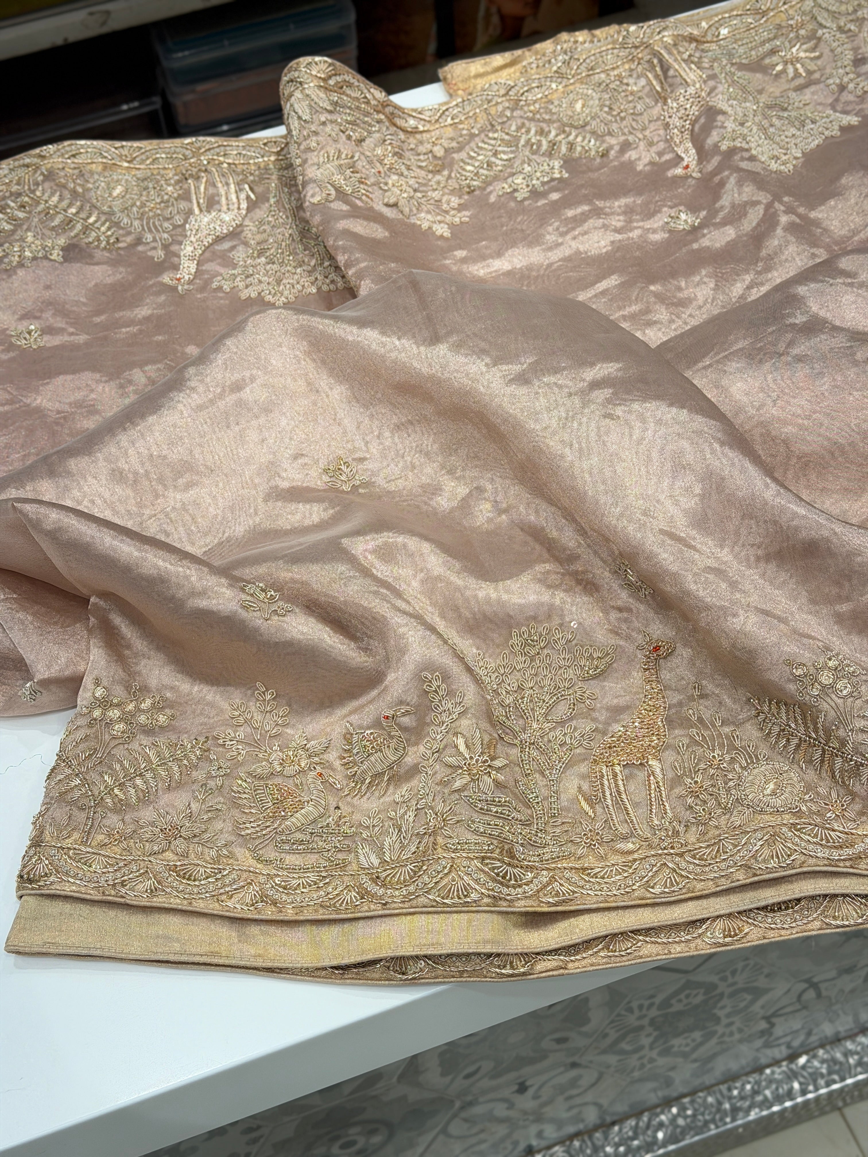 Rose Gold Tissue Parsi Style Zardosi Hand Embroidery Saree