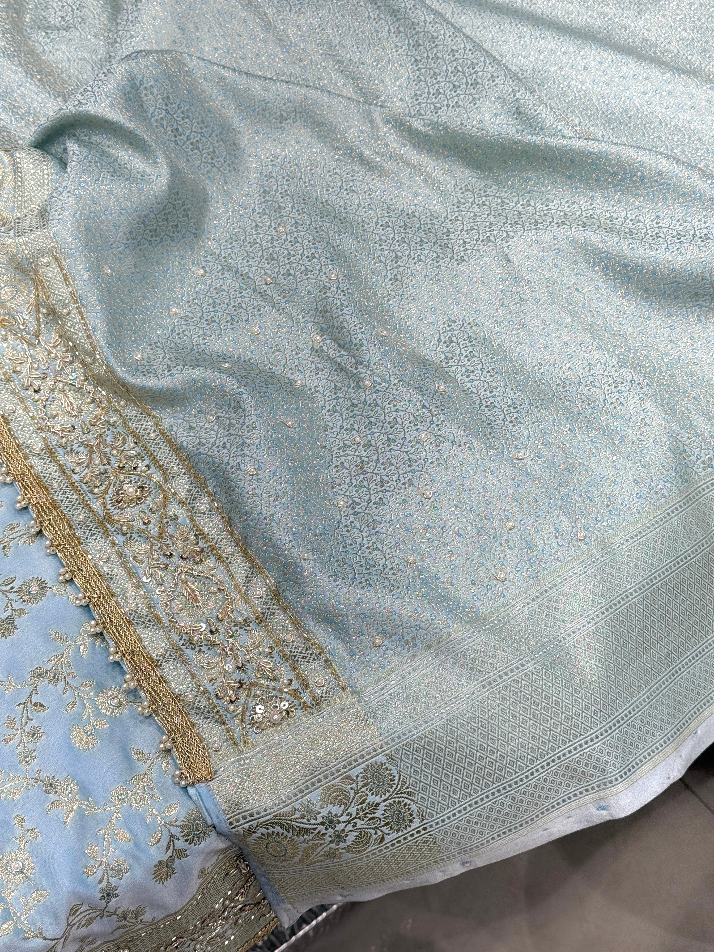 Blue Banarasi Silk Flower Border Hand Embroidery Saree