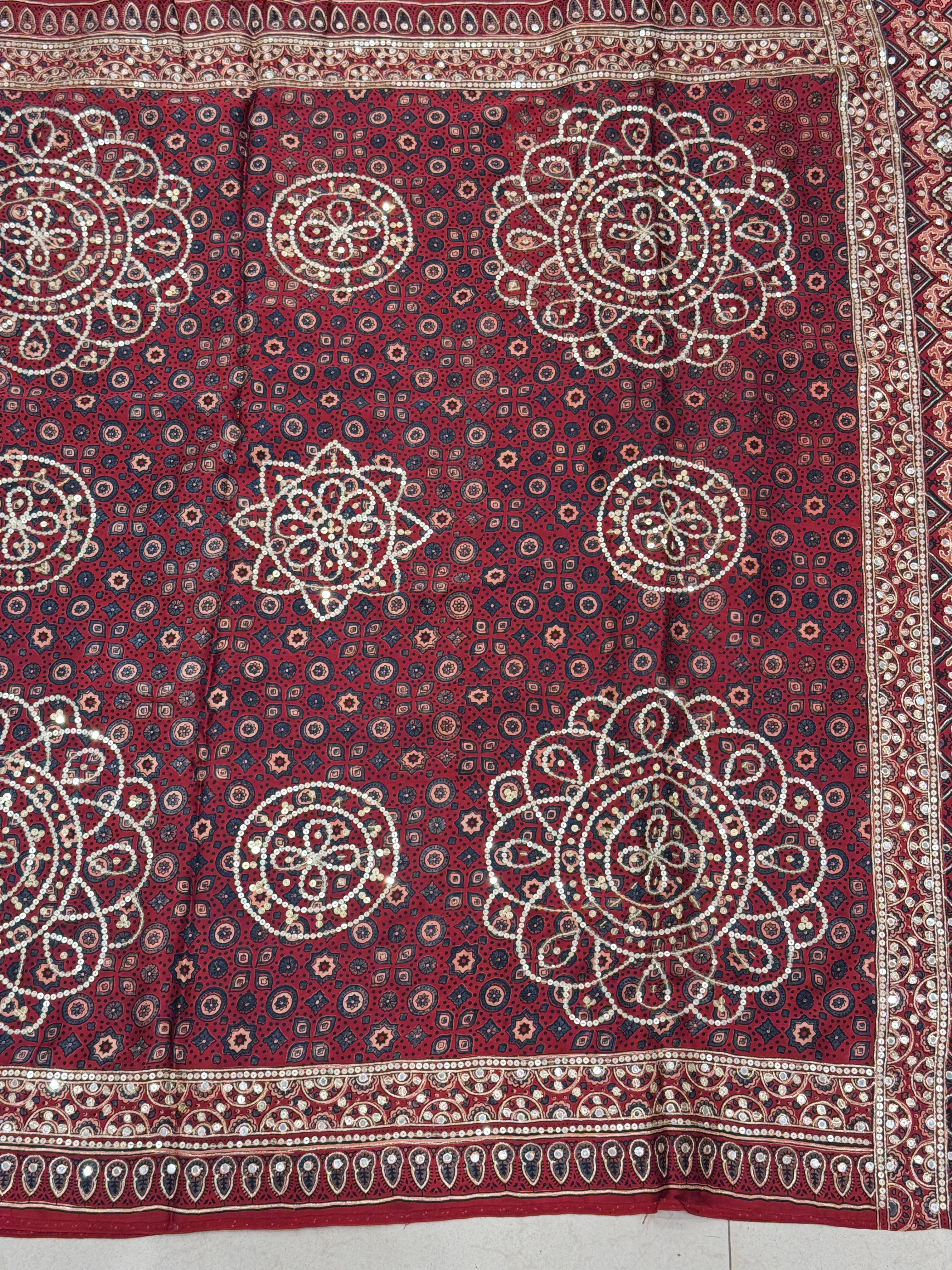 Red Alia Bhatt Inspired Hand Embroidery Ajrakh Saree