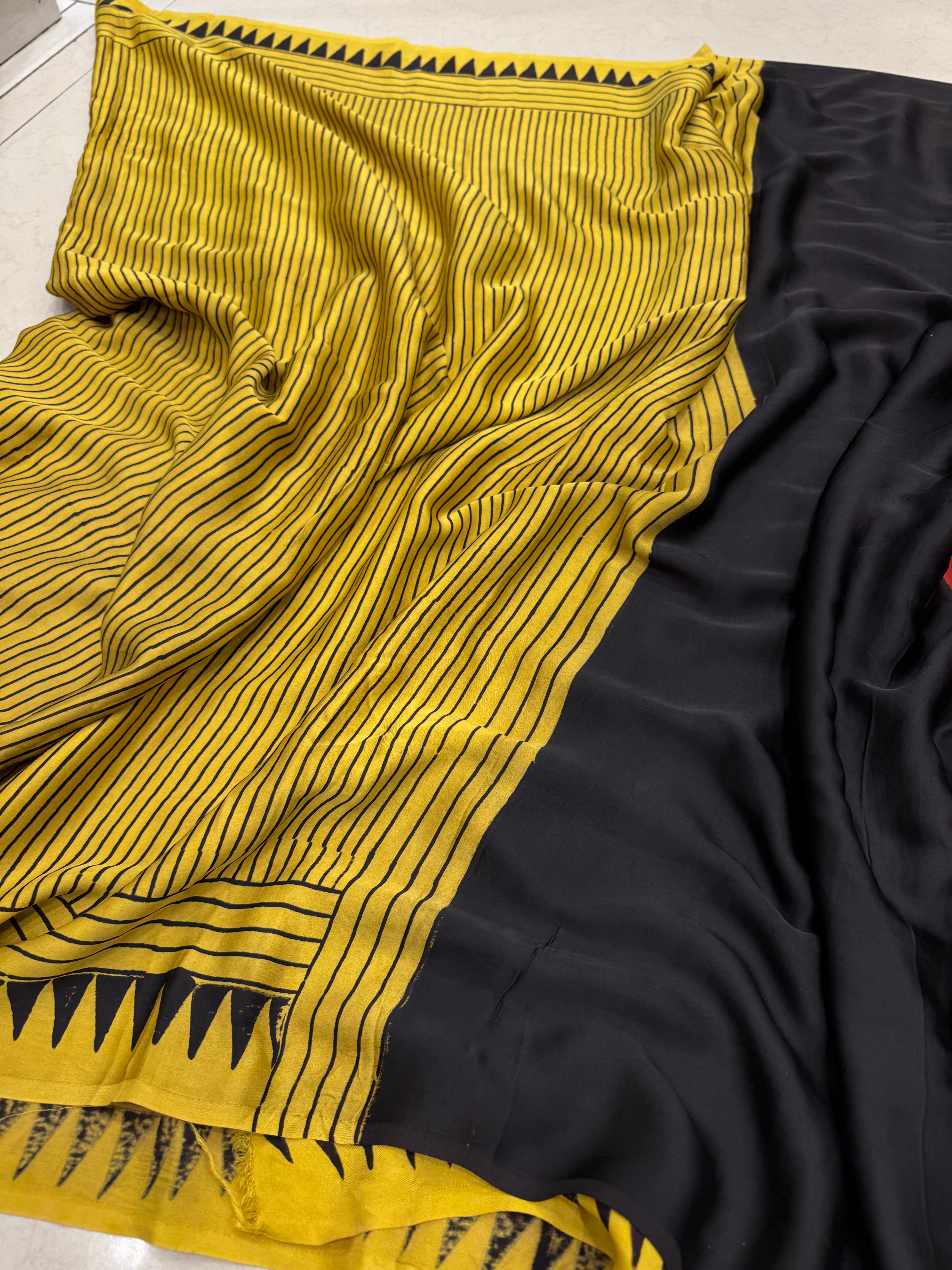 Yellow Contemporary Moon Pallu Ajrakh Saree Modal Gajji Silk Hand Block Print