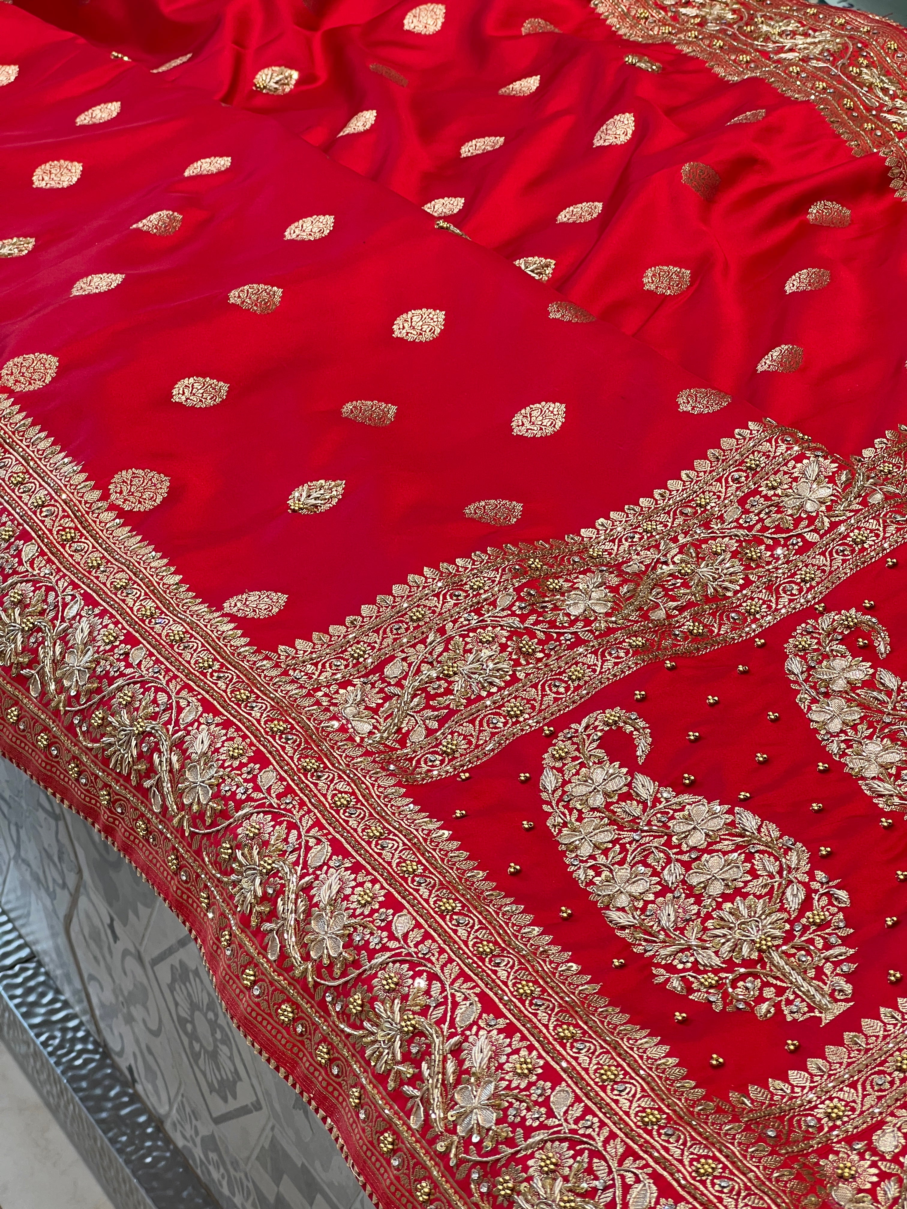 Red Banarasi Silk Butta Hand Embroidery Saree