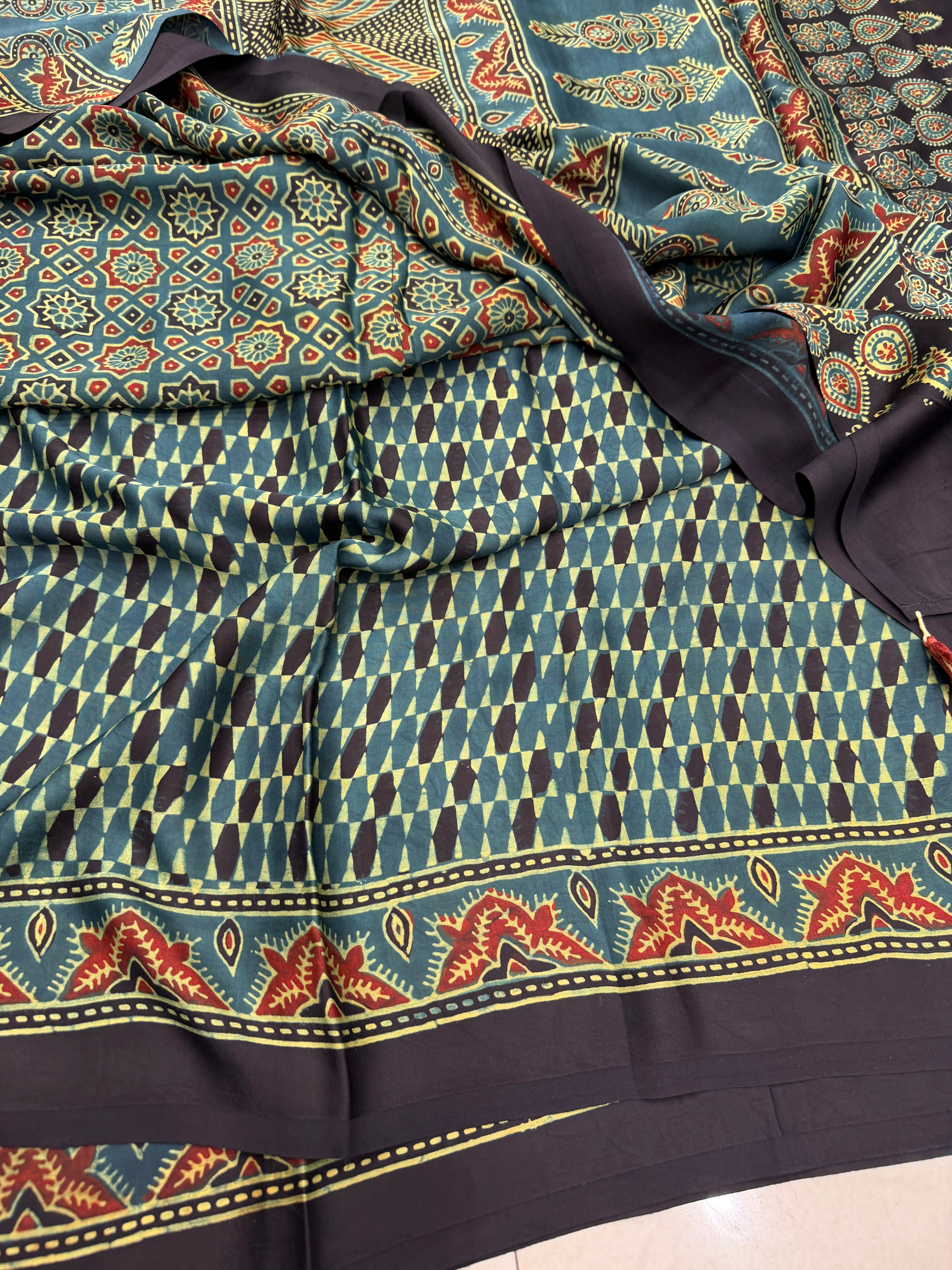Green Star Buttis Ajrakh Hand Block Print Pure Modal Silk Saree