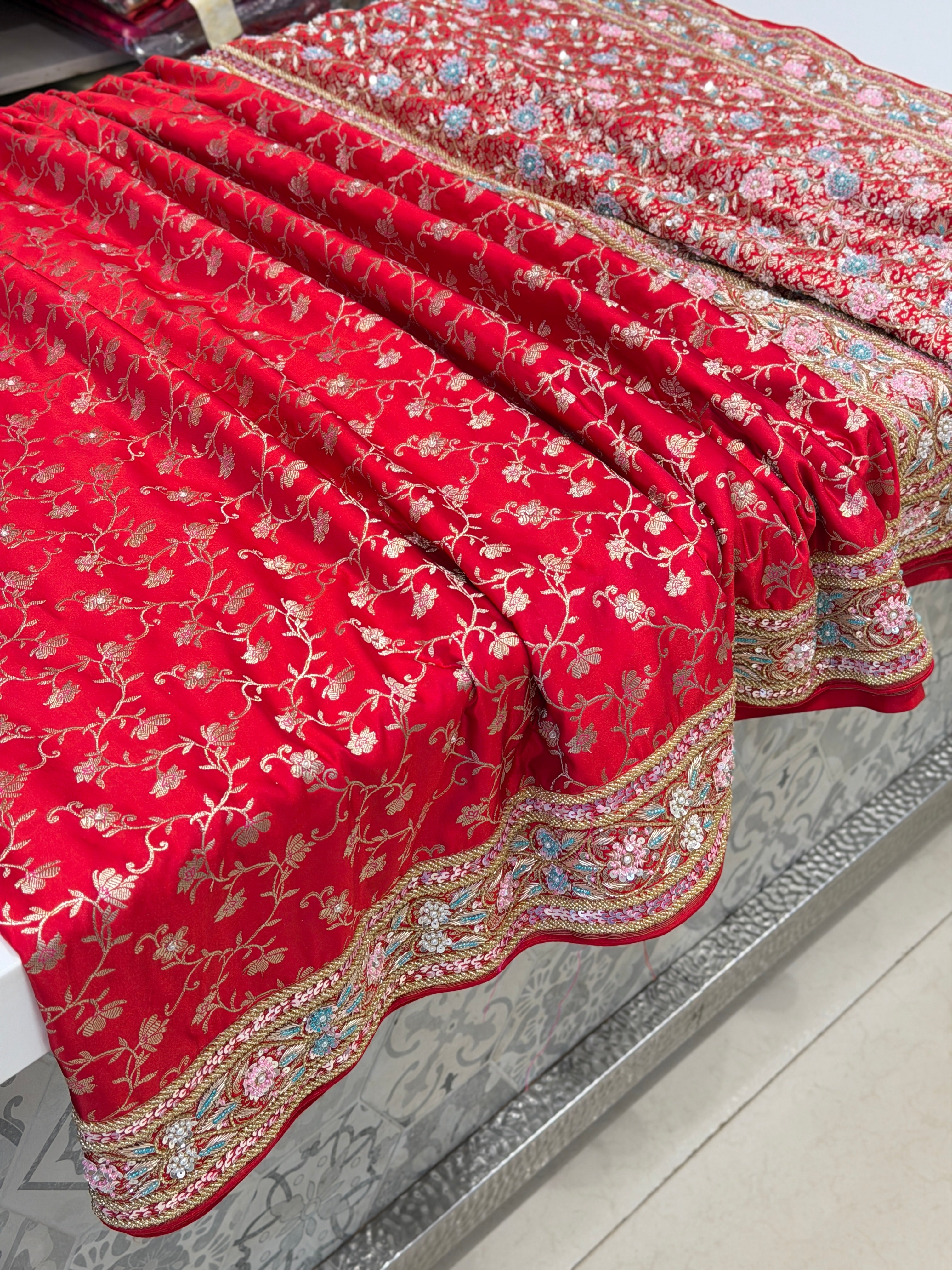Red Banarasi Pine Jaal Moti Zardosi Hand Embroidery Saree