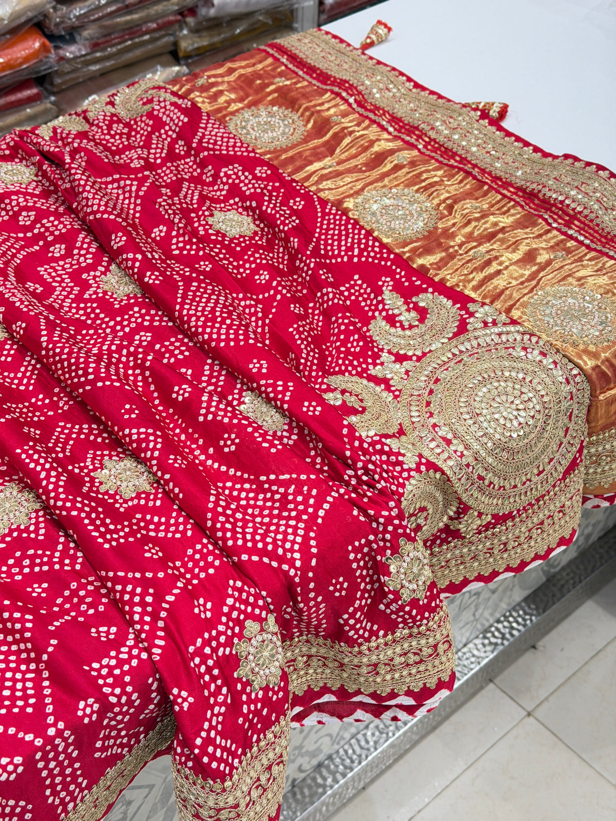 Red Gajji Silk Bandhej Gotapatti Marodi Hand Embroidery Saree