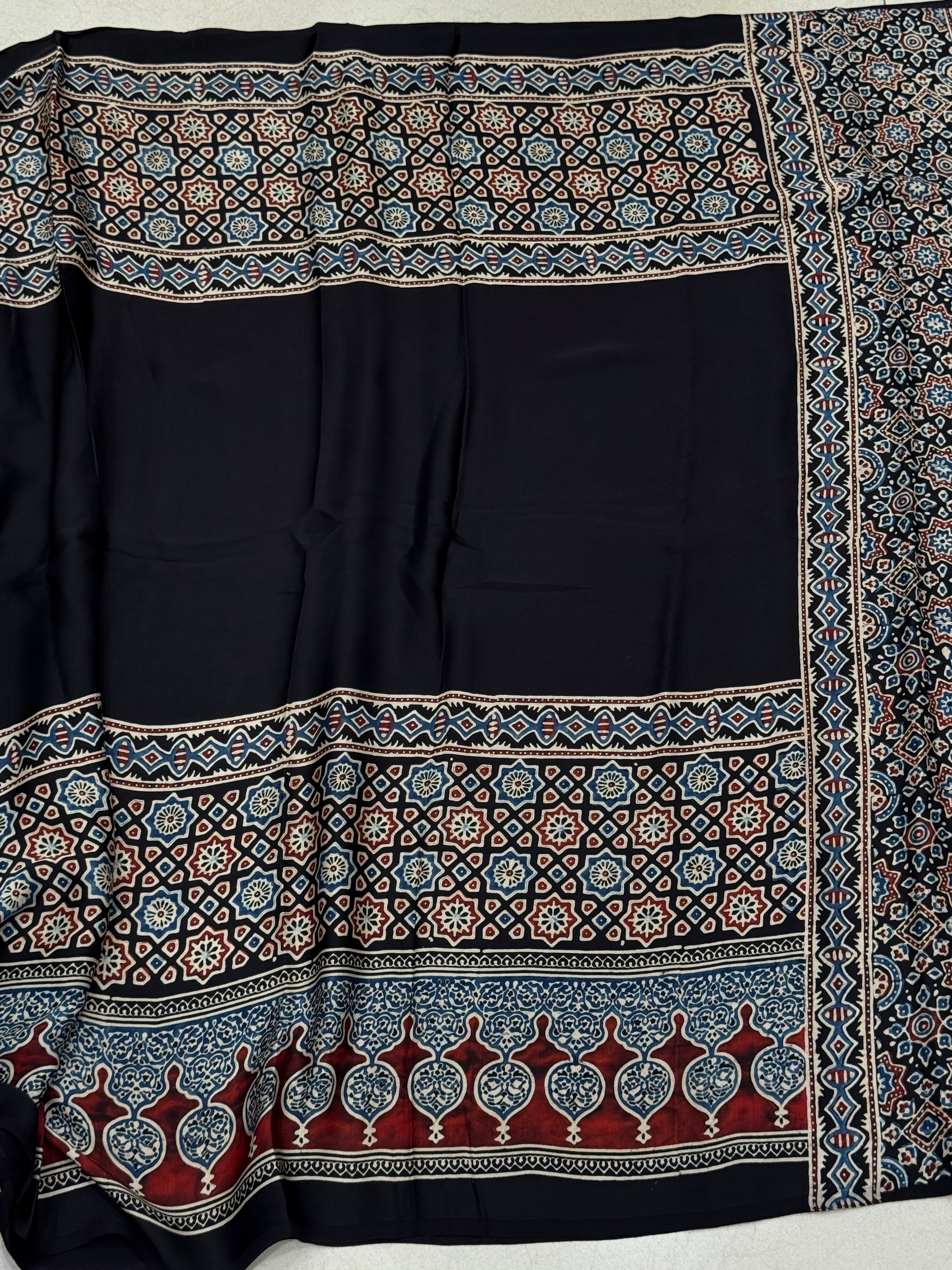 Black Block Star Butti Ajrakh Modal Gajji Silk Saree