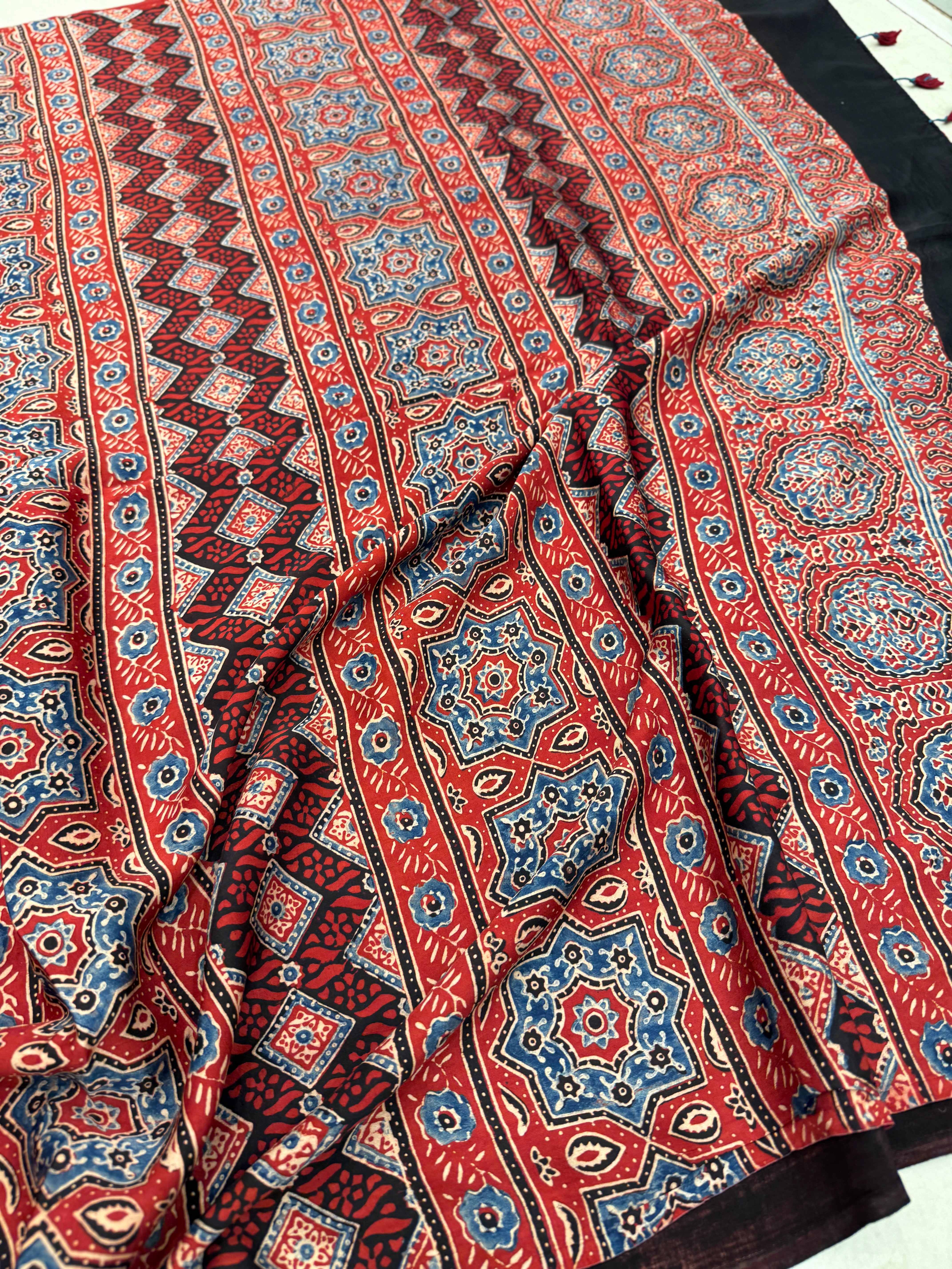 Red Buttis Ajrakh Saree Modal Gajji Silk Hand Block Print