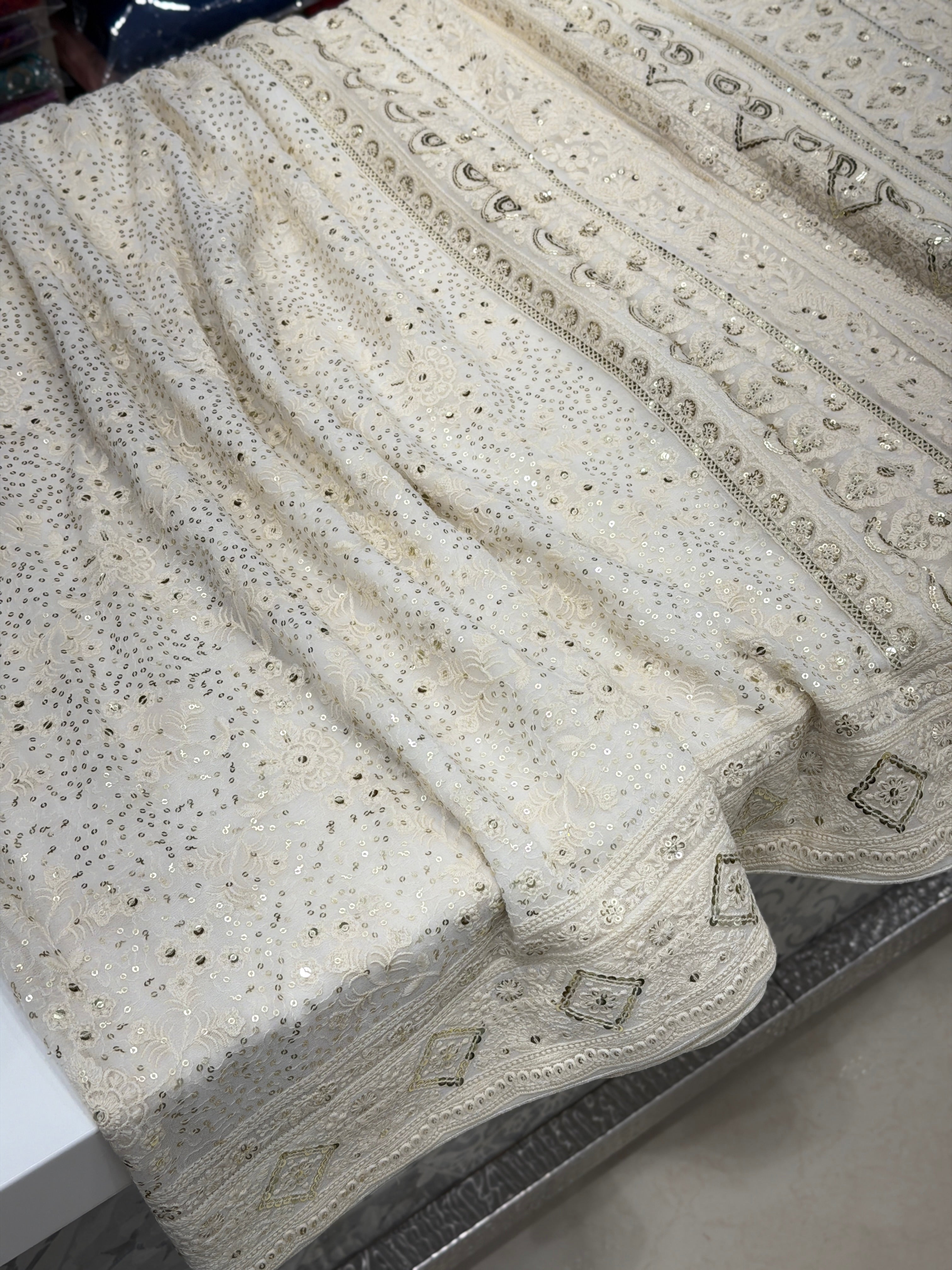 Moti White Sequin Embroidery Georgette Chikankari Resham Saree