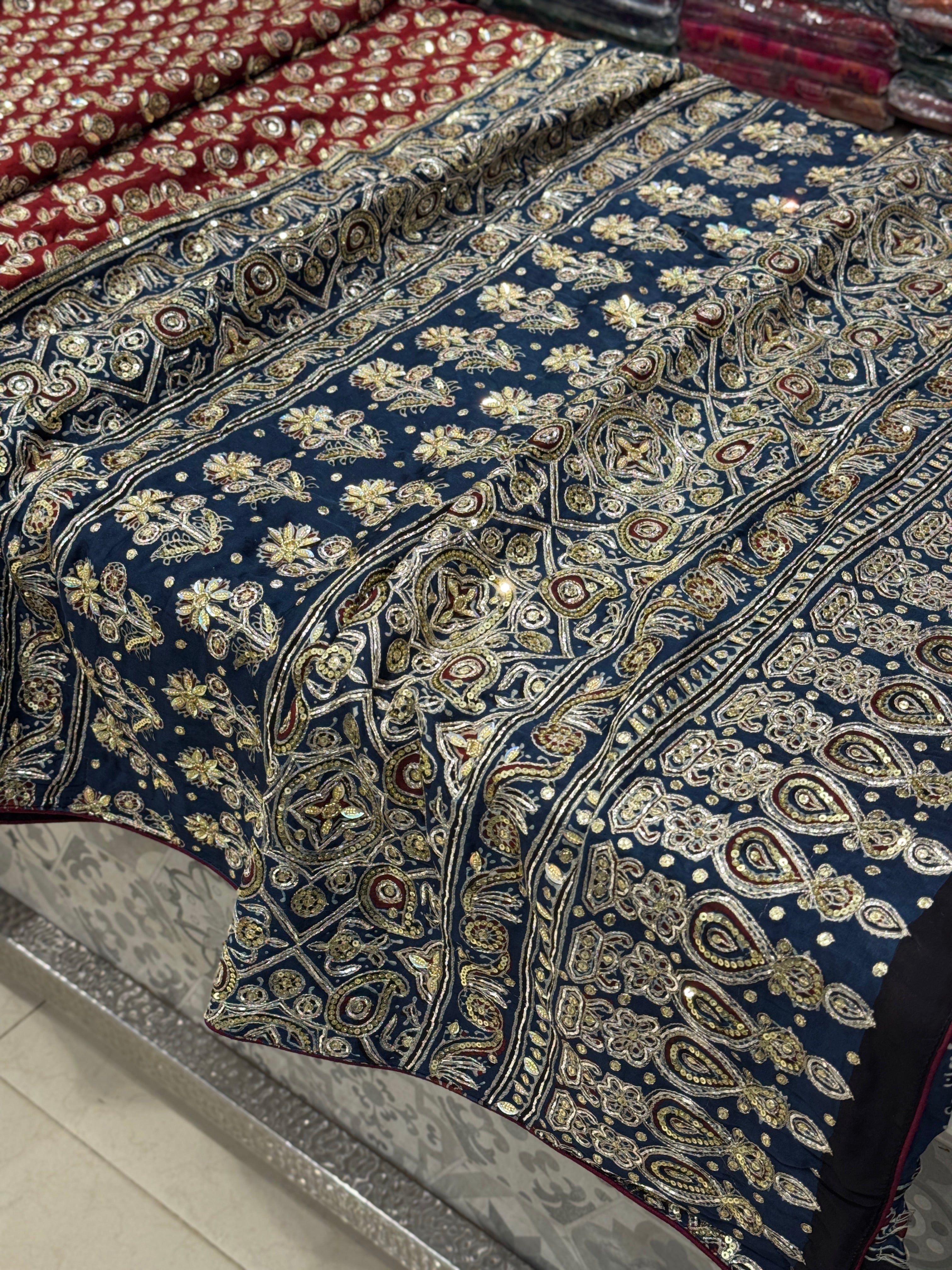 Red Buttis Pita Zardosi Sequin Ajrakh Hand Embroidery Saree