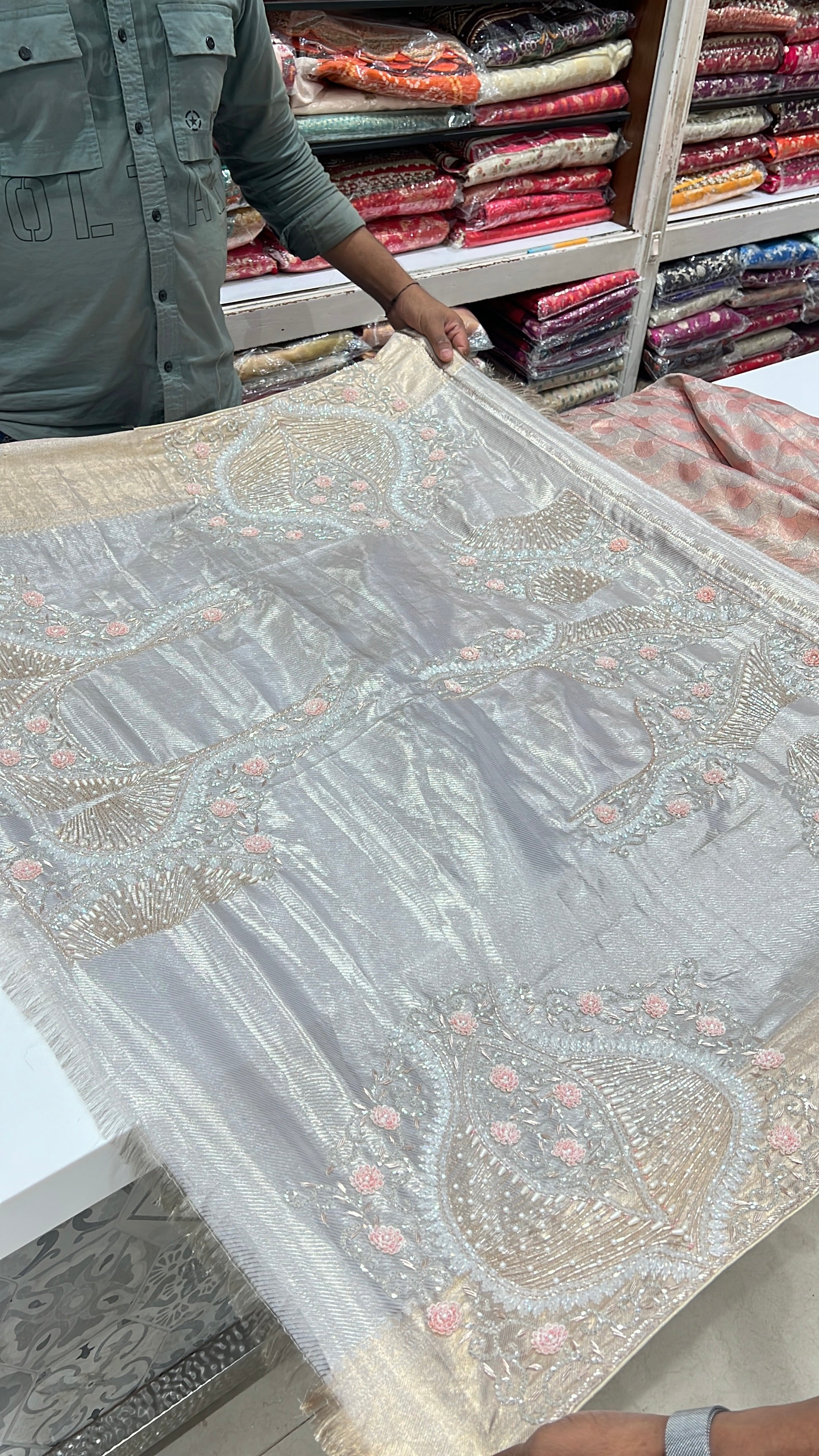 Peach Silver Contemporary Kanjivaram Hand Embroidery Zardosi Saree