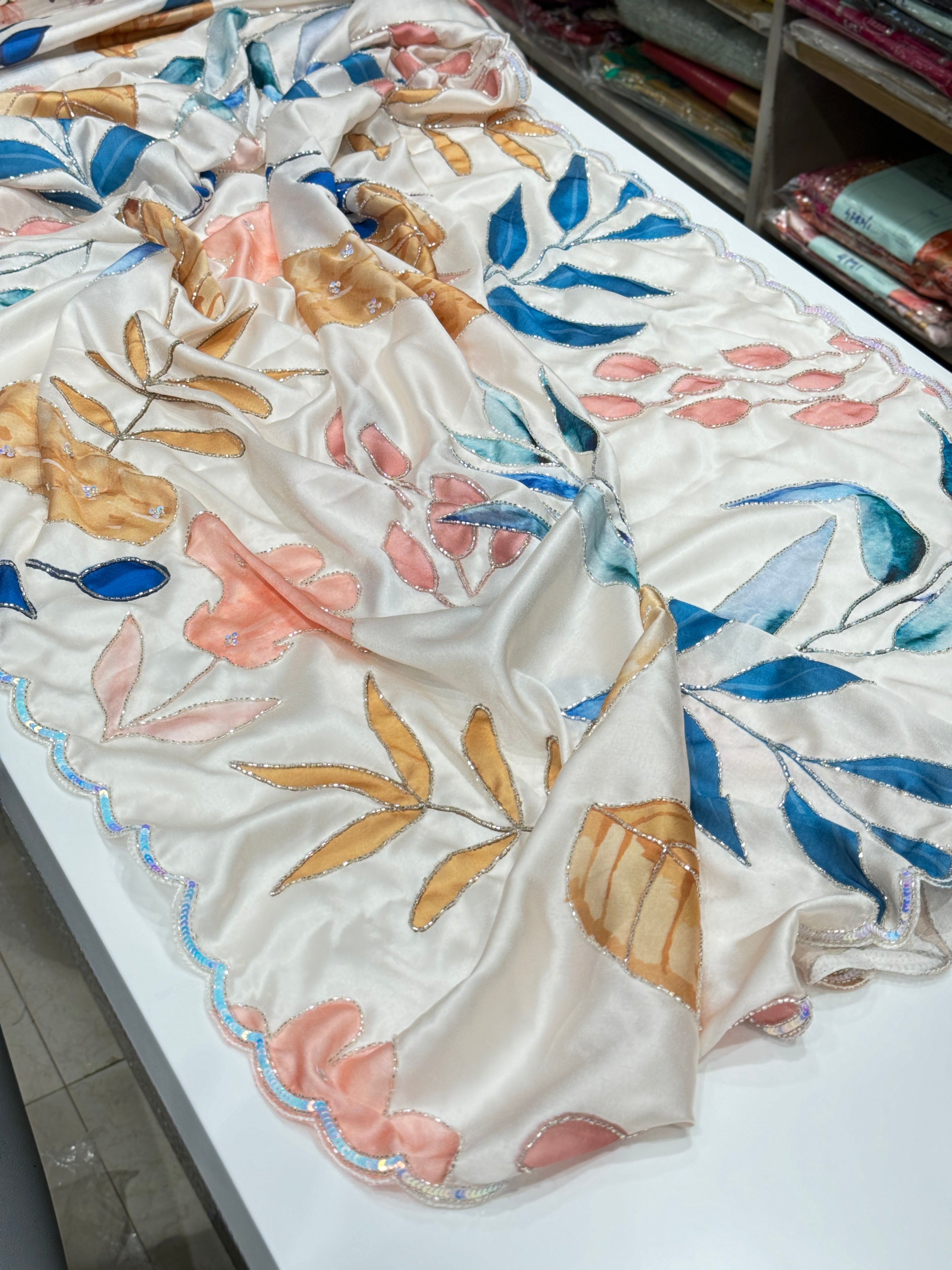 Floral Japanese Satin Hand Embroidery Saree