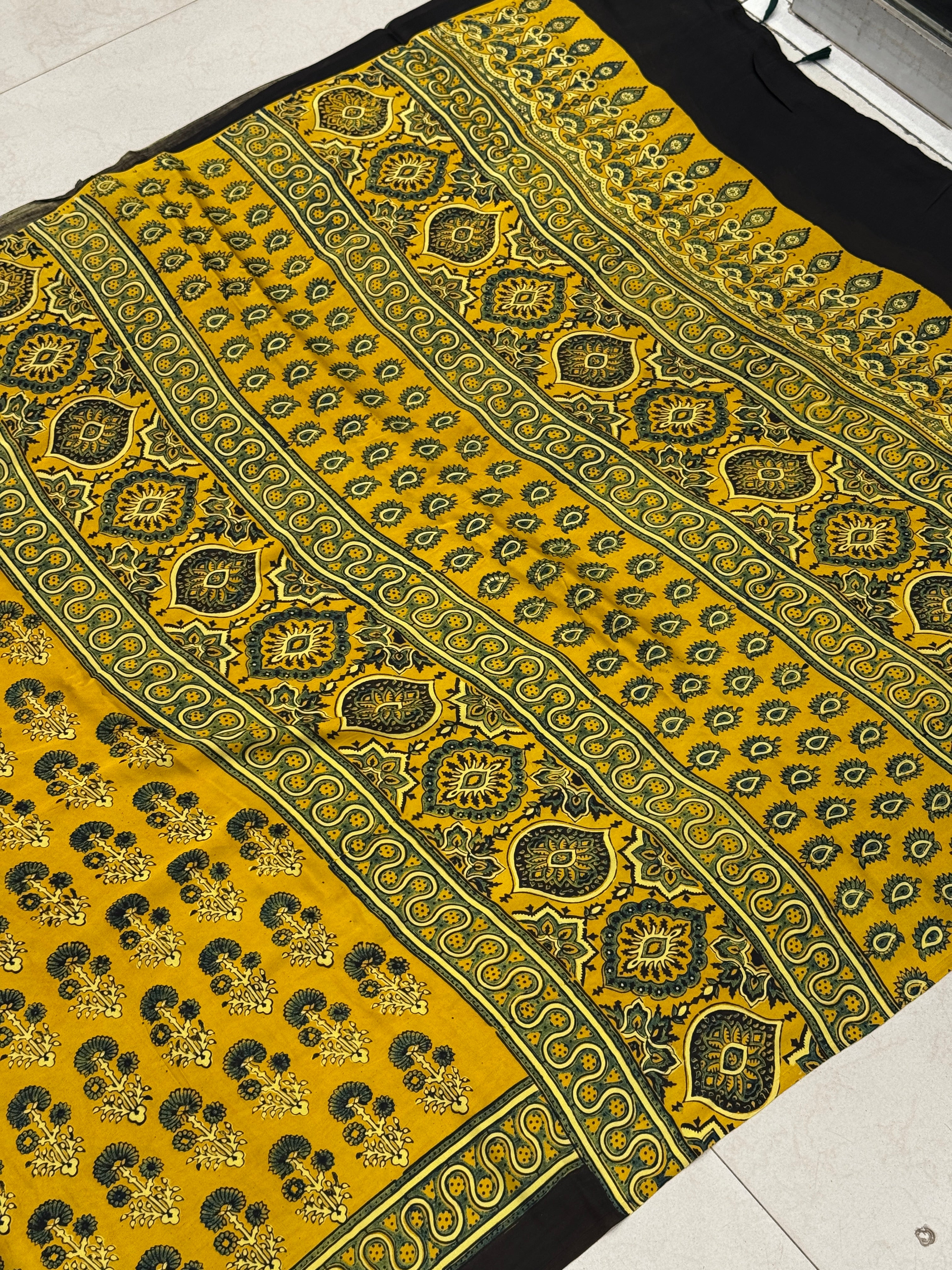 Yellow Floral Buttas Ajrakh Saree Modal Gajji Silk Hand Block Print