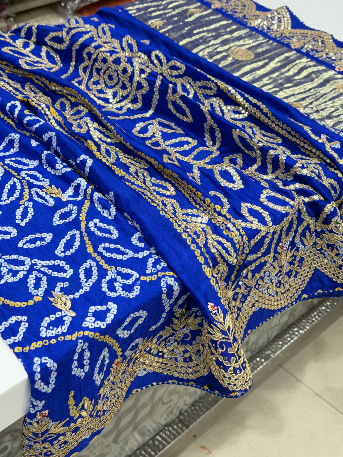Royal Blue Gajji Silk Rai Bandhej Gotapatti Marodi Hand Embroidery Saree