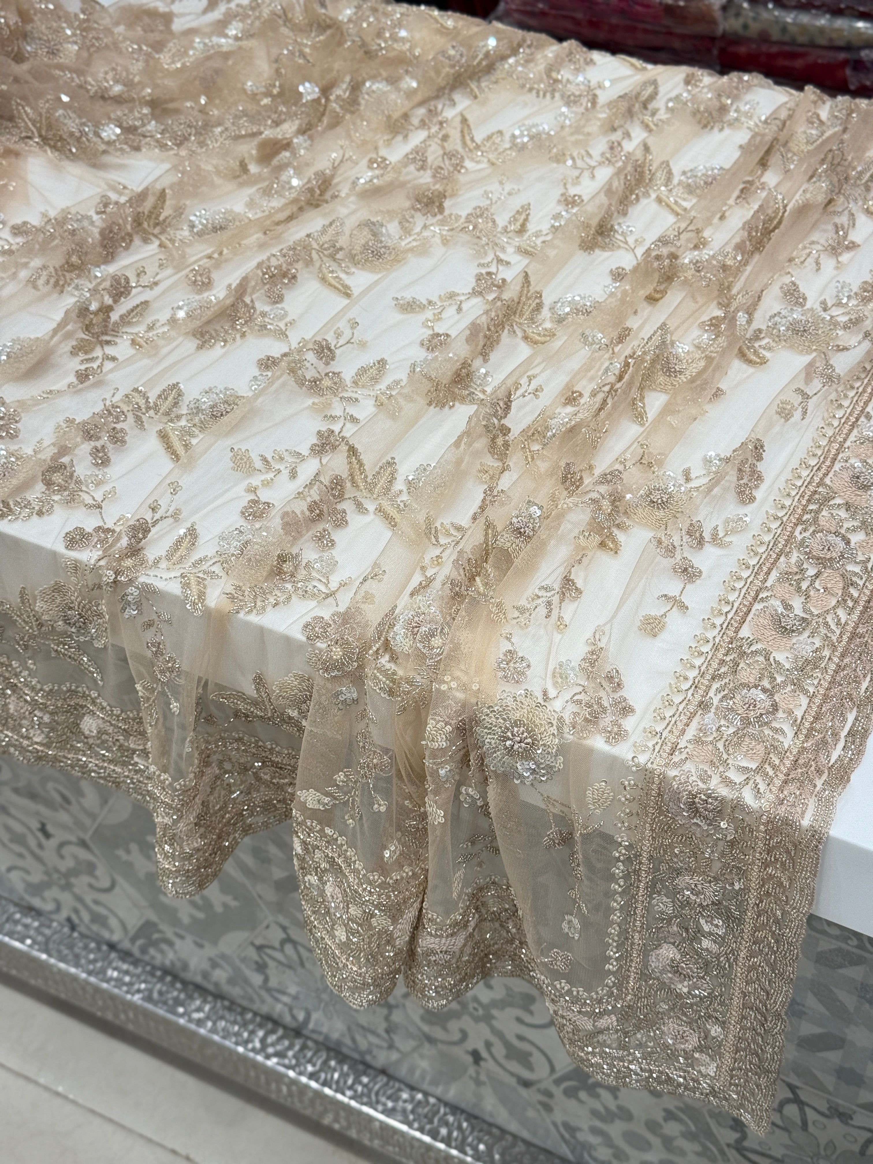 Nude Net Hand Embroidery Zardosi Moti Knot Work Saree