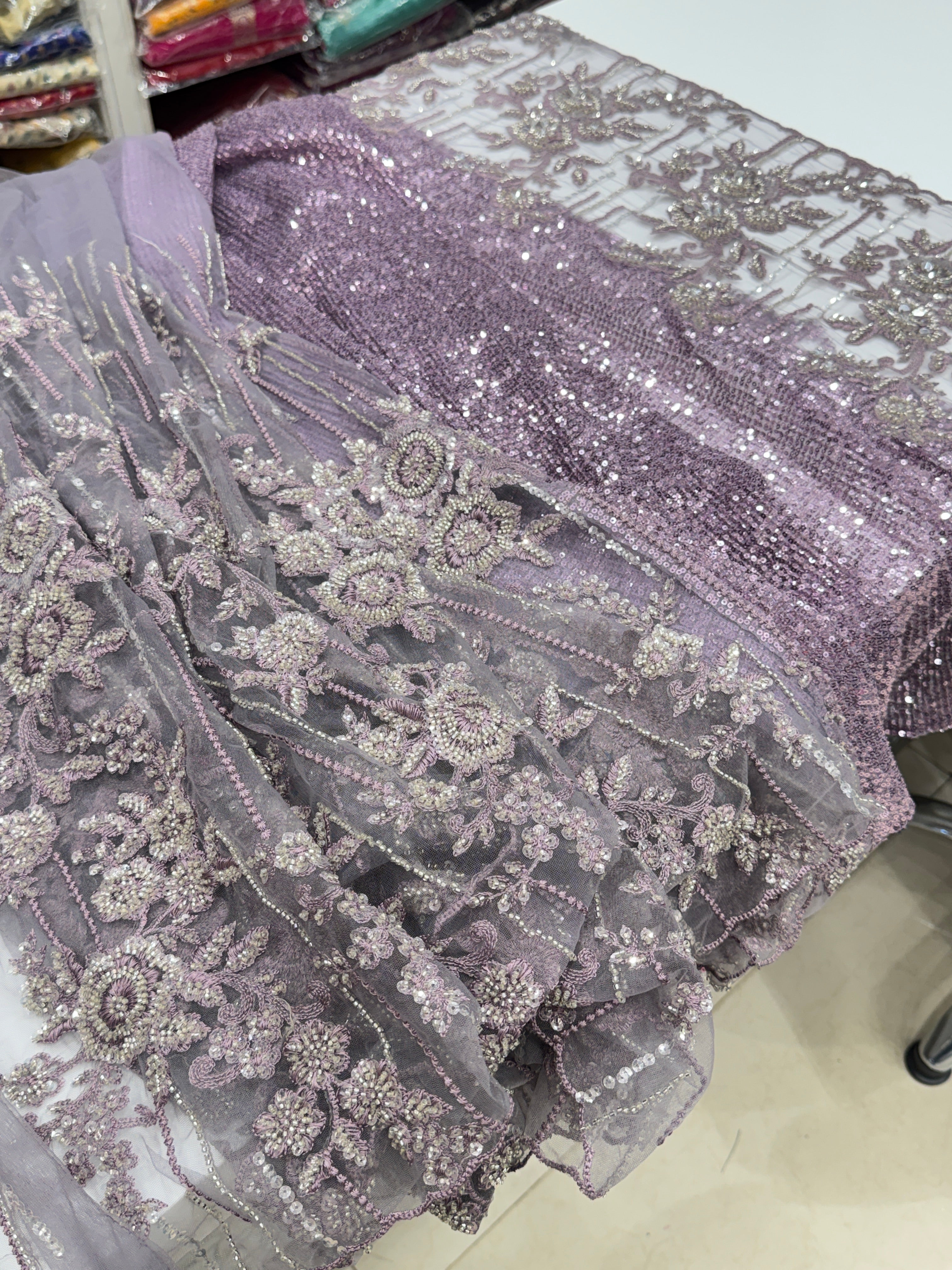 Lilac Embroidery Net Half and Half Saree