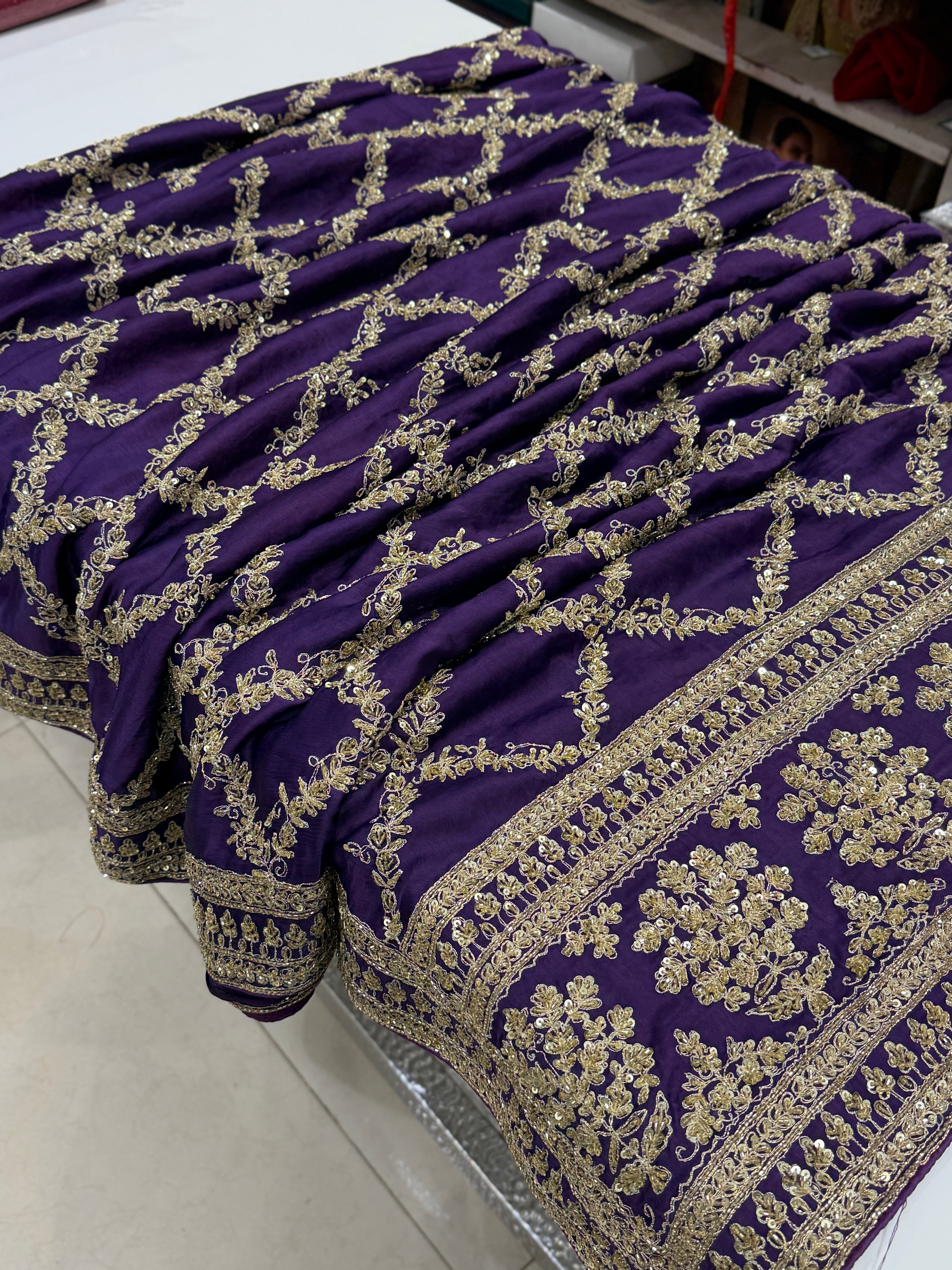 Violet Crepe Satin Sabyasachi Inspired Zardosi Jaal Embroidery Saree