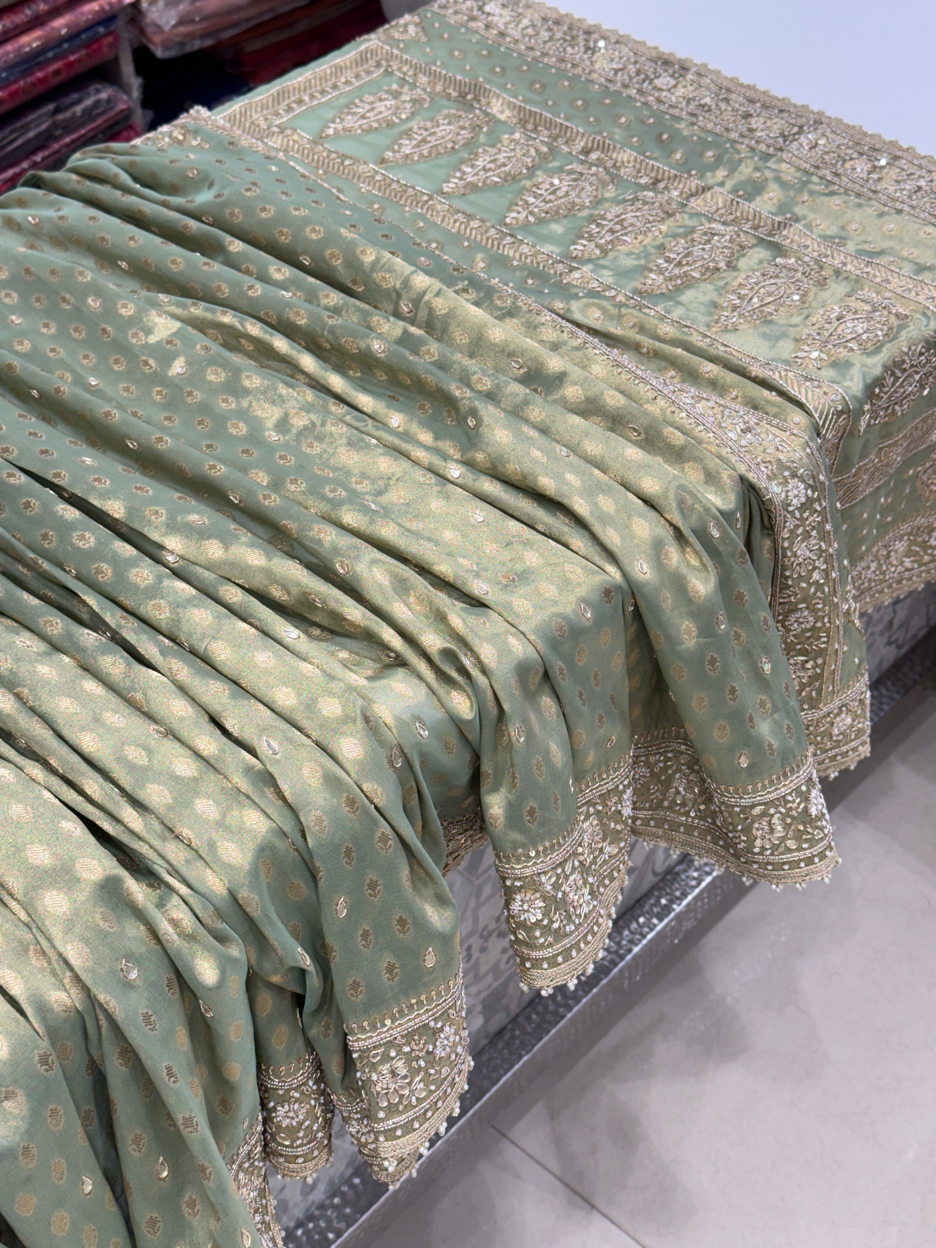 Pista Green Tissue Buttis Zardosi Gota Hand Embroidery Saree