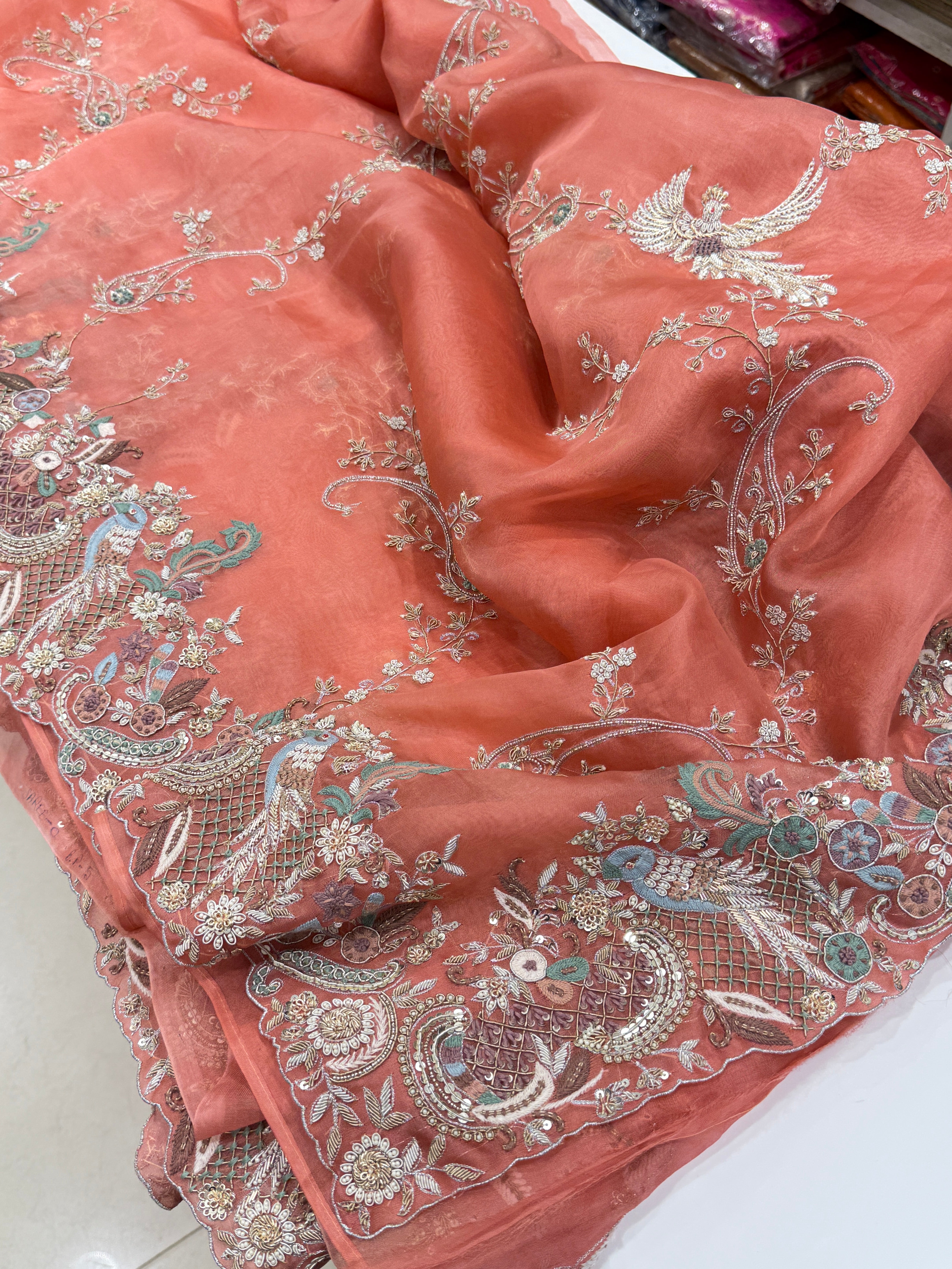Peach Organza Zardosi Jaal Hand Embroidery Saree