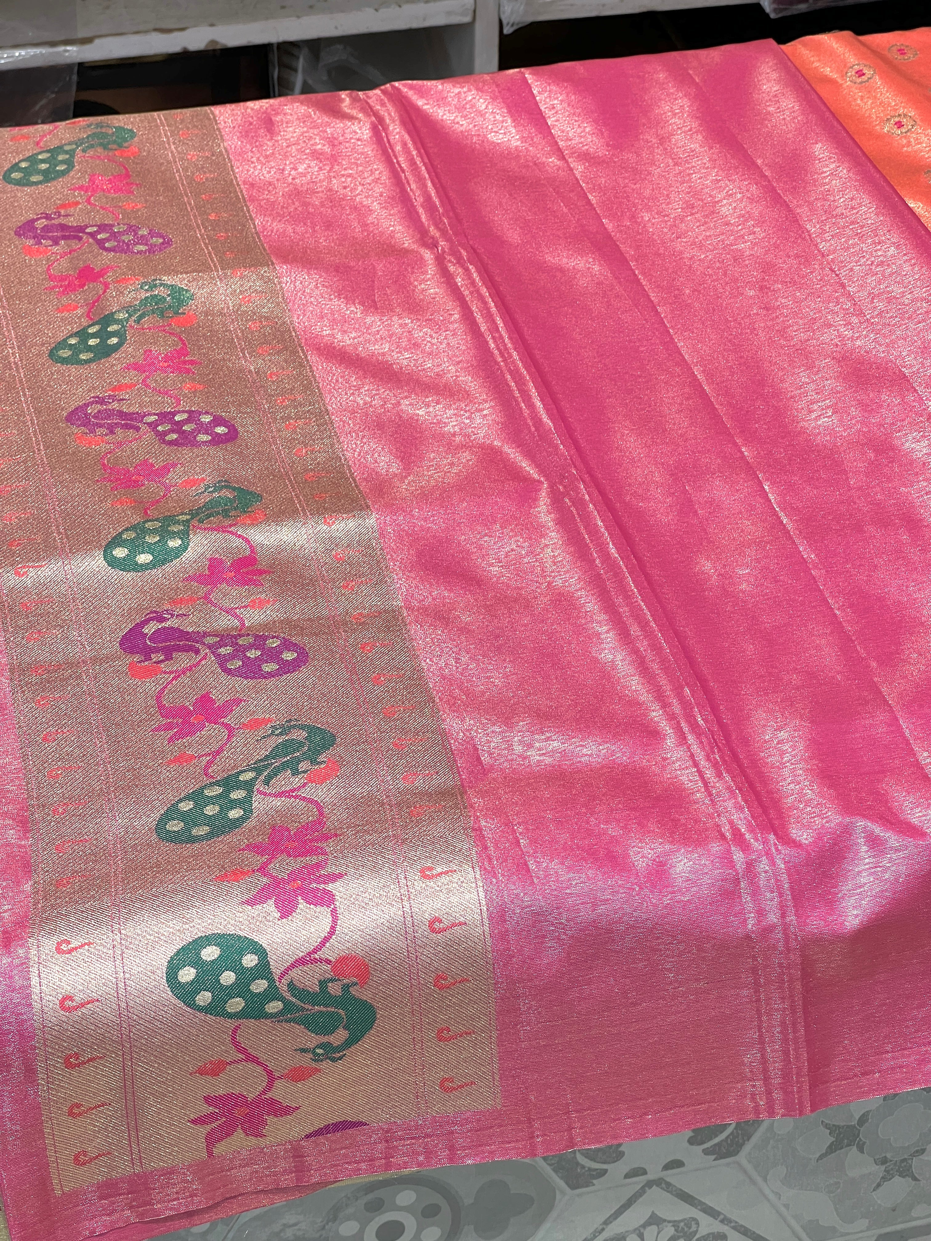 Peachish Orange Tissue Silk Paithani Saree