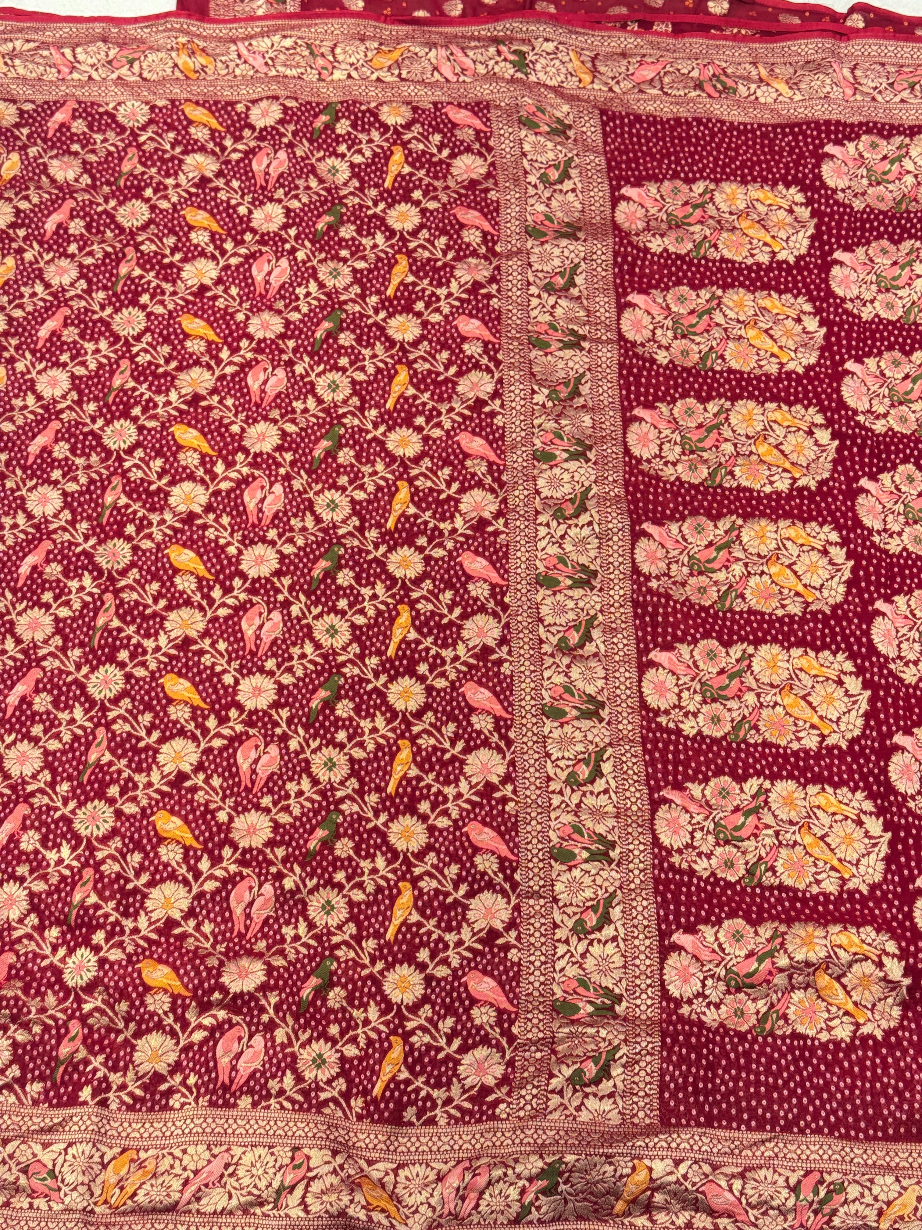 Red Woven Bandhej Meenakari Parrot Motif Saree