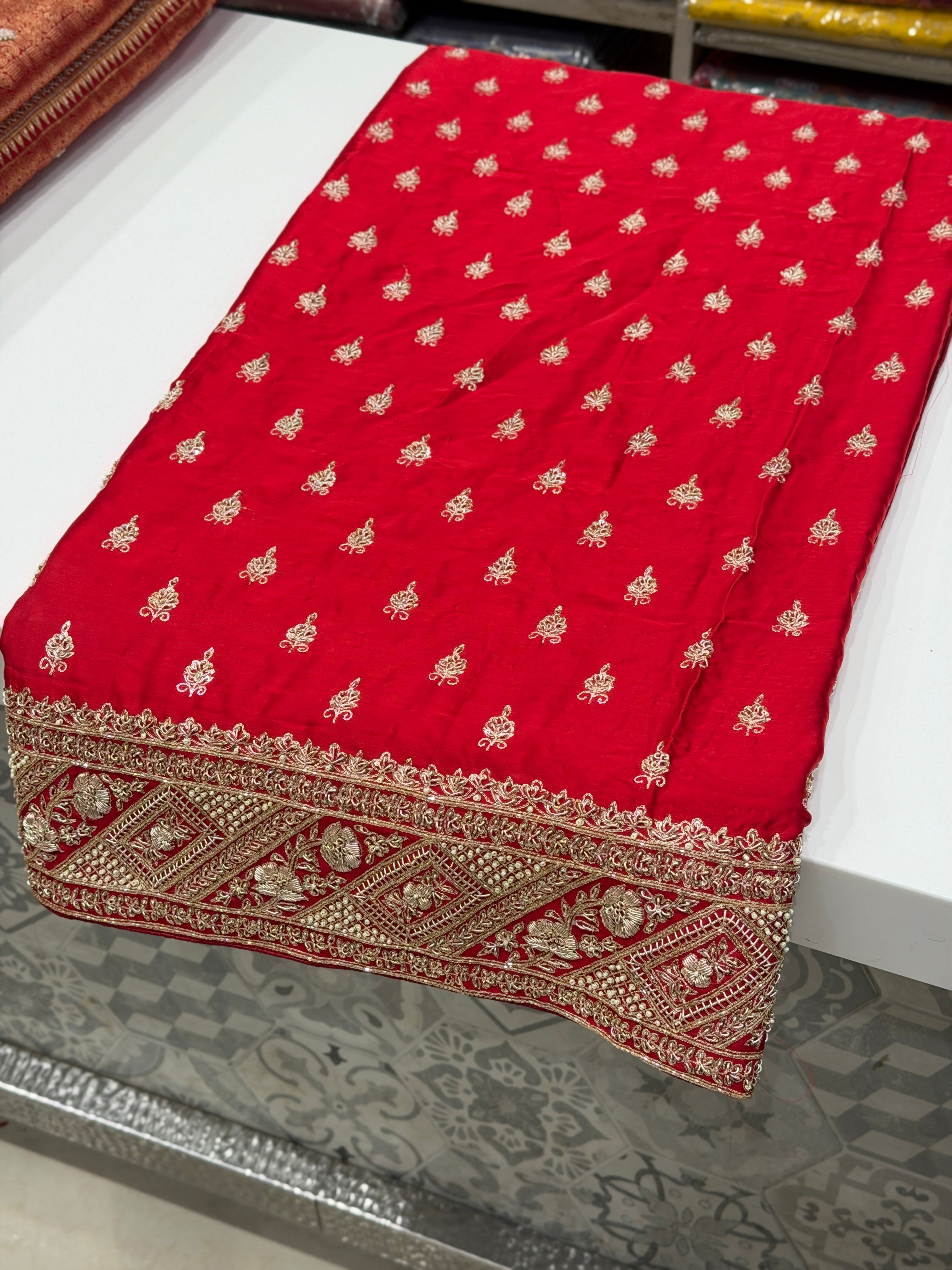 Red Hand Embroidery Buttis Pure Satin Zardosi Embroidery