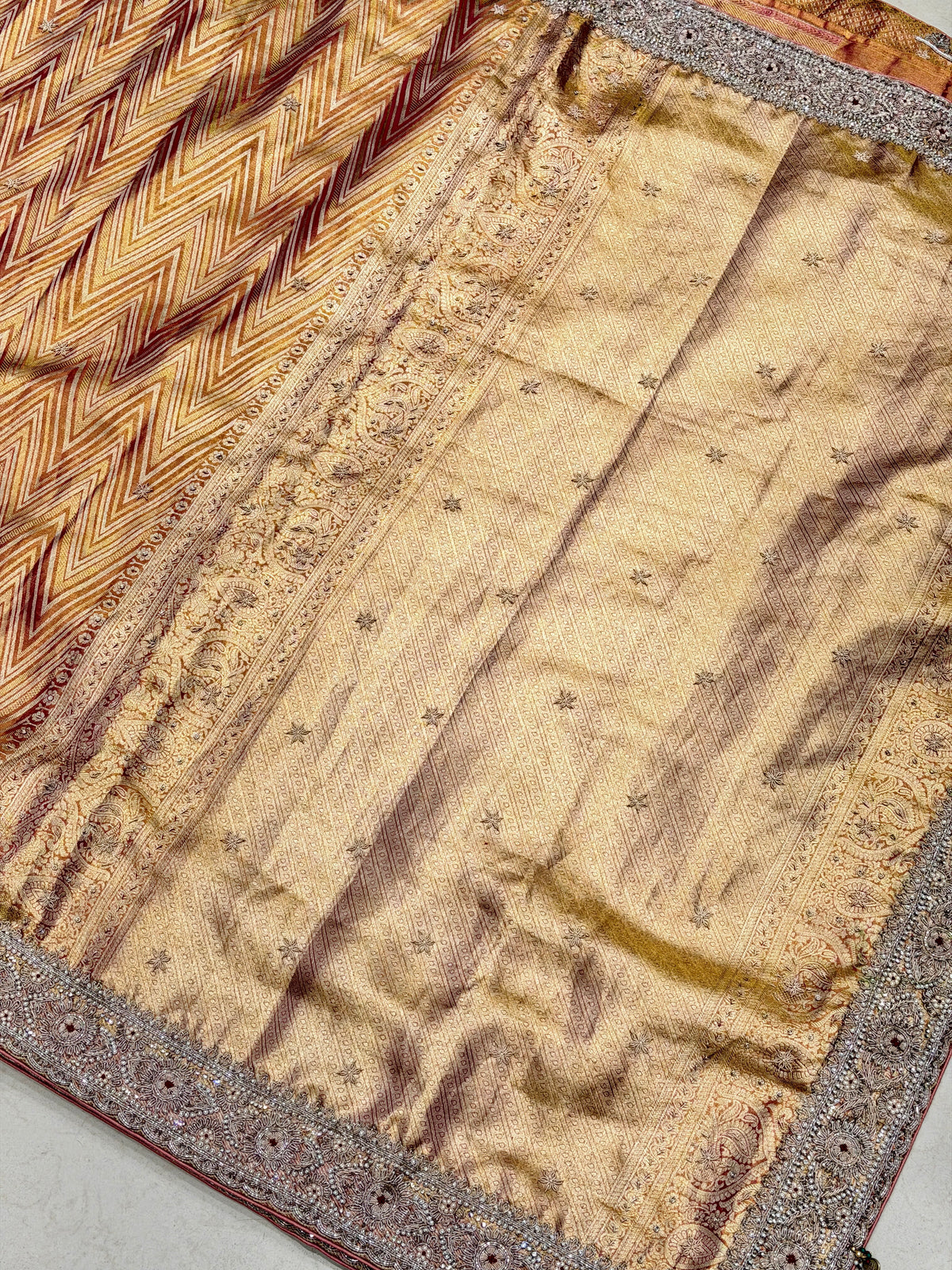 Contemporary Tissue Kanjivaram Zardosi Moti Hand Embroidery Saree