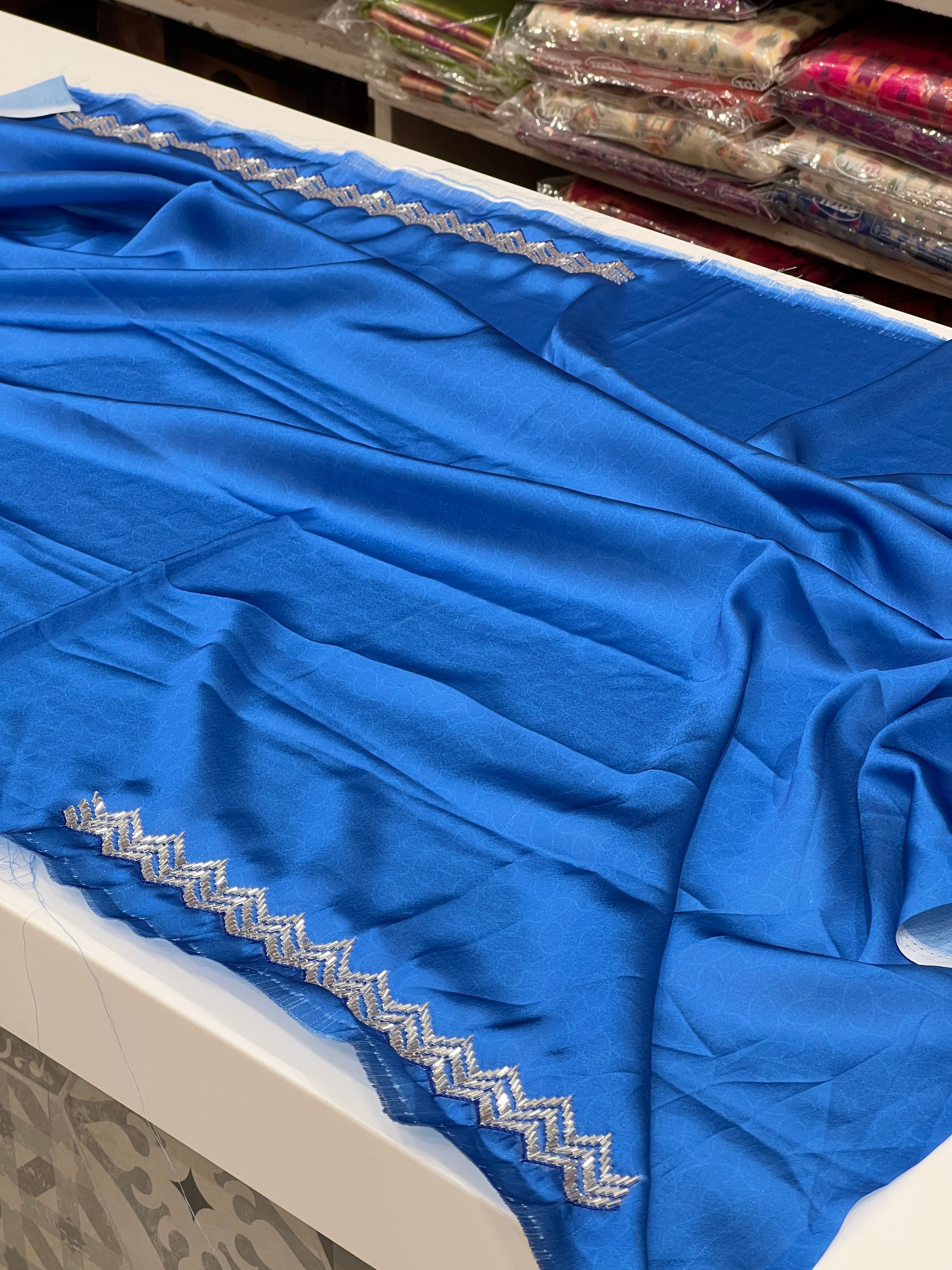 Blue Satin Border Embroidery Saree