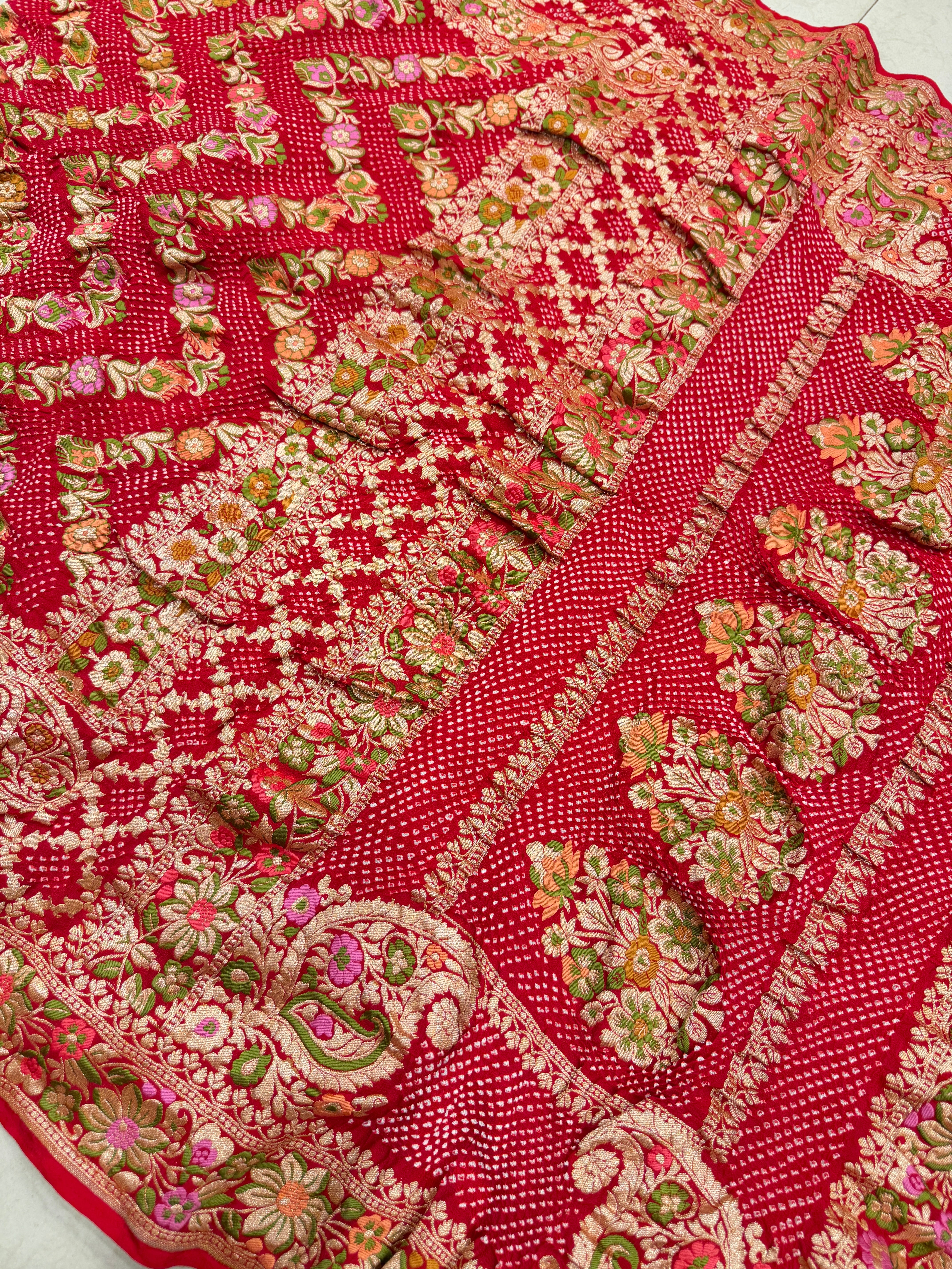 Red Floral Meenakari Georgette Rai Bandhej Saree