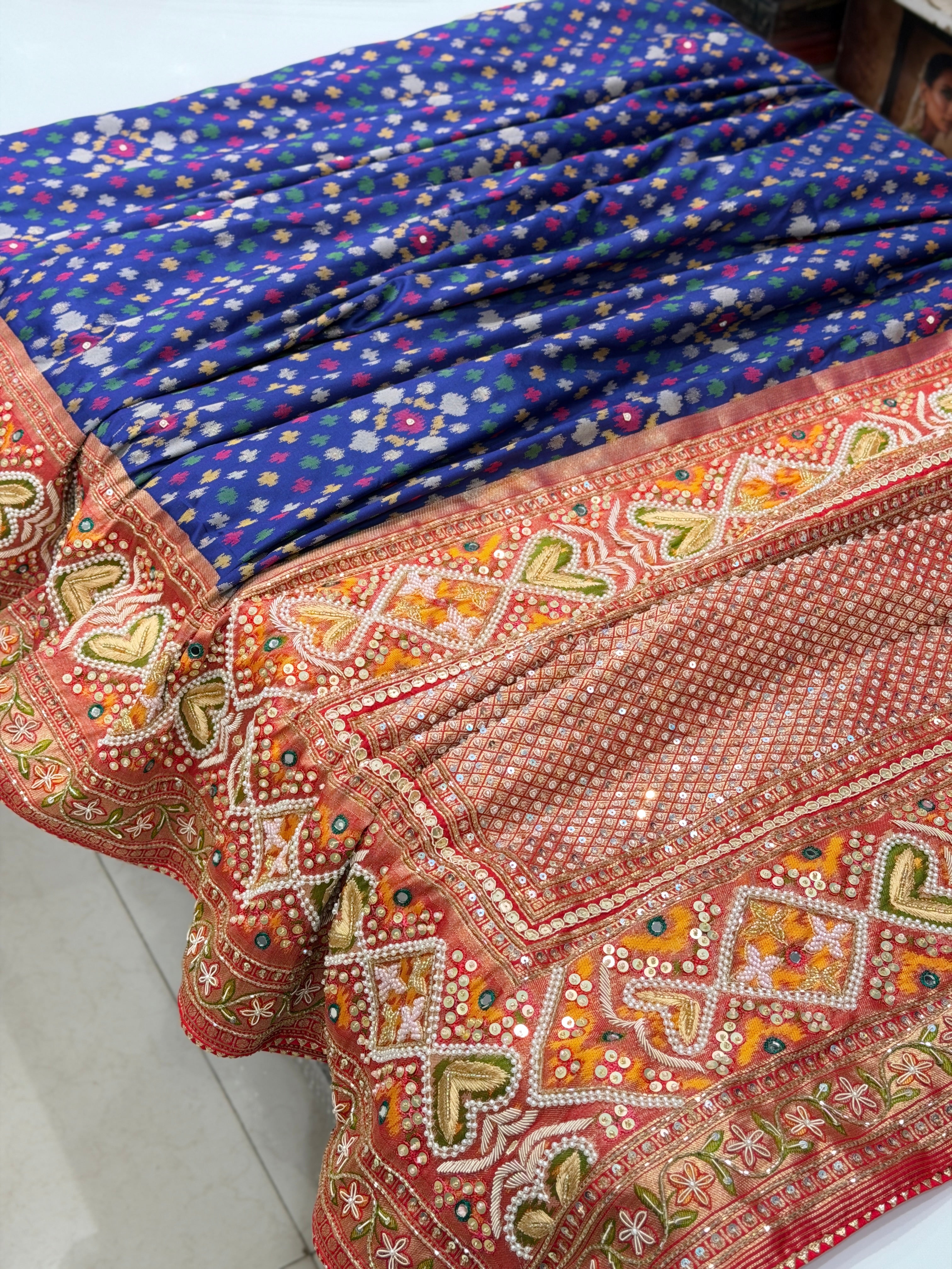 Blue Patola Ikat Weave Hand Embroidery Zardosi Kidiya Moti Hand Embroidery Saree