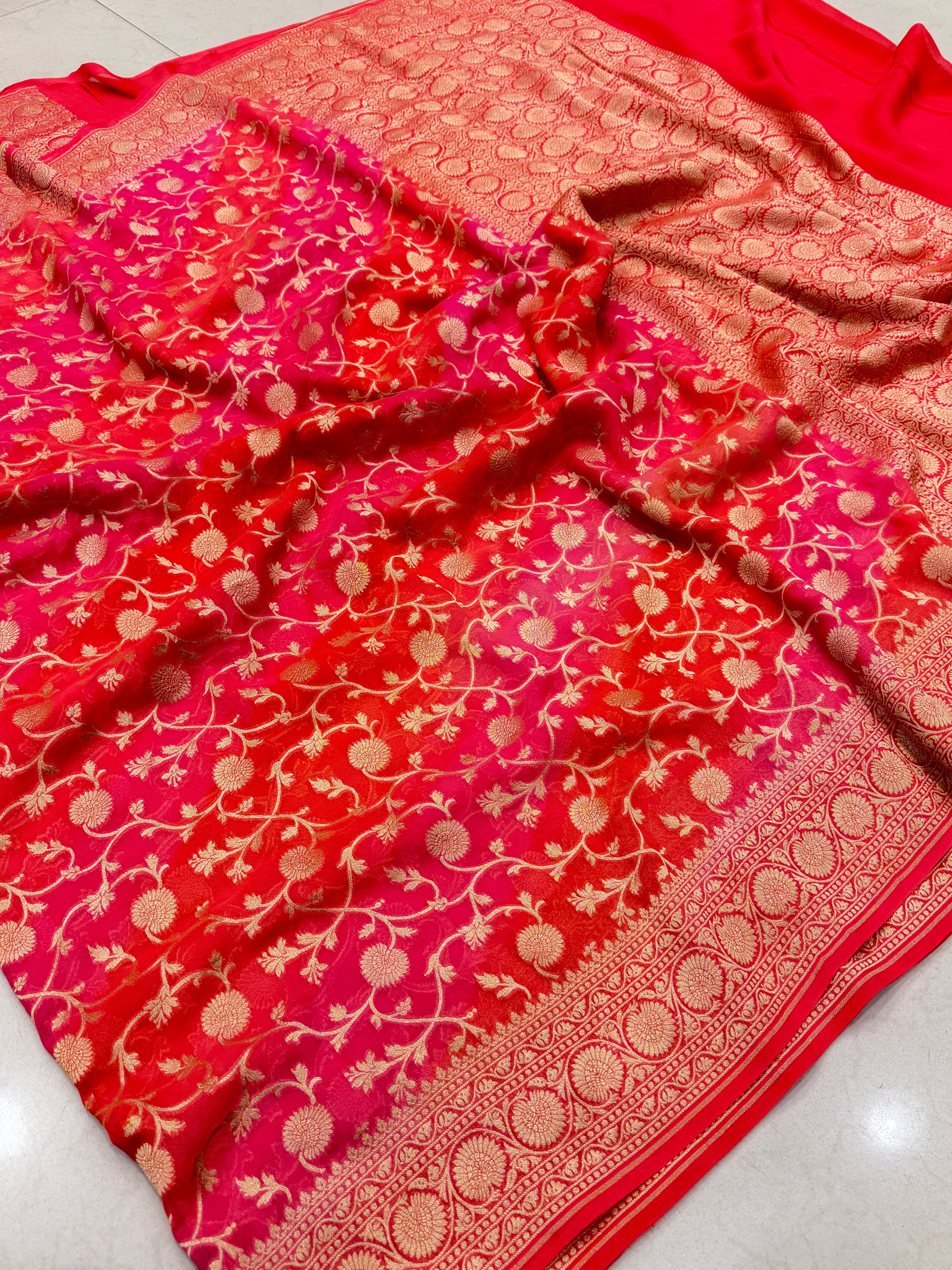 Orange Shaded Mughal Jaal Handloom Banarasi Khaddi Georgette Saree