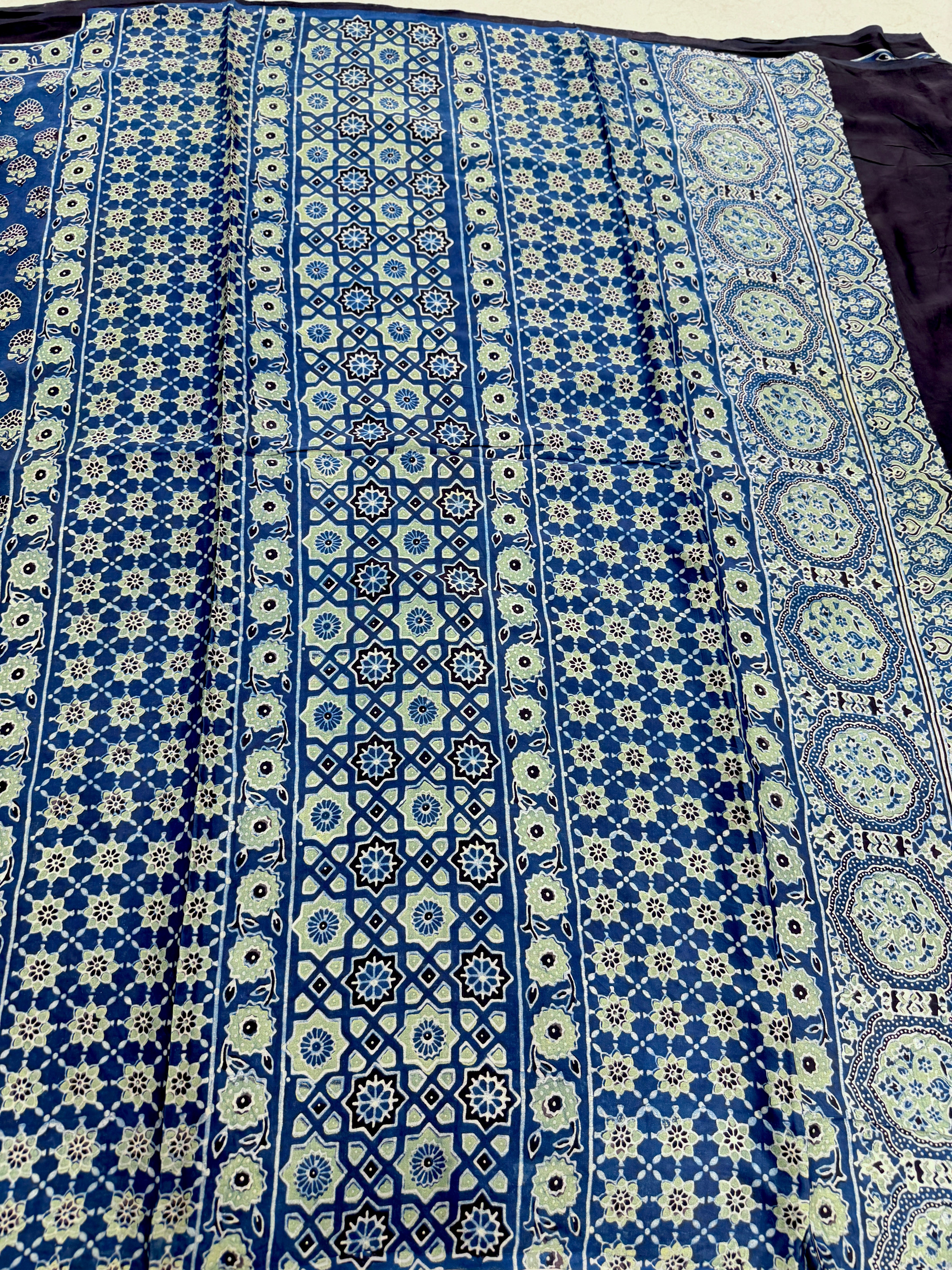 Blue Buttis Ajrakh Hand Block Print Pure Gajji Silk Saree