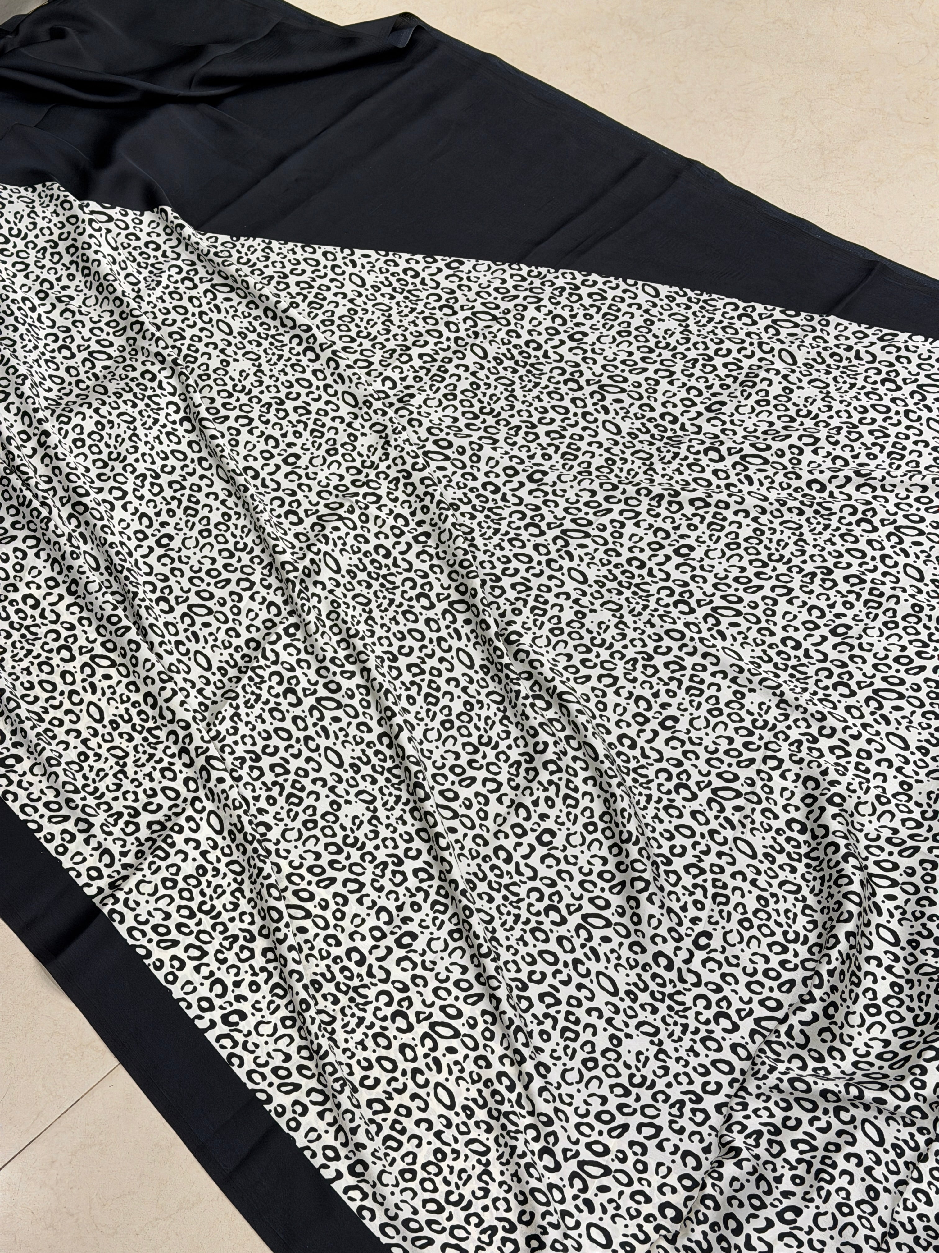 Black Animal Print Turning Design Satin Saree