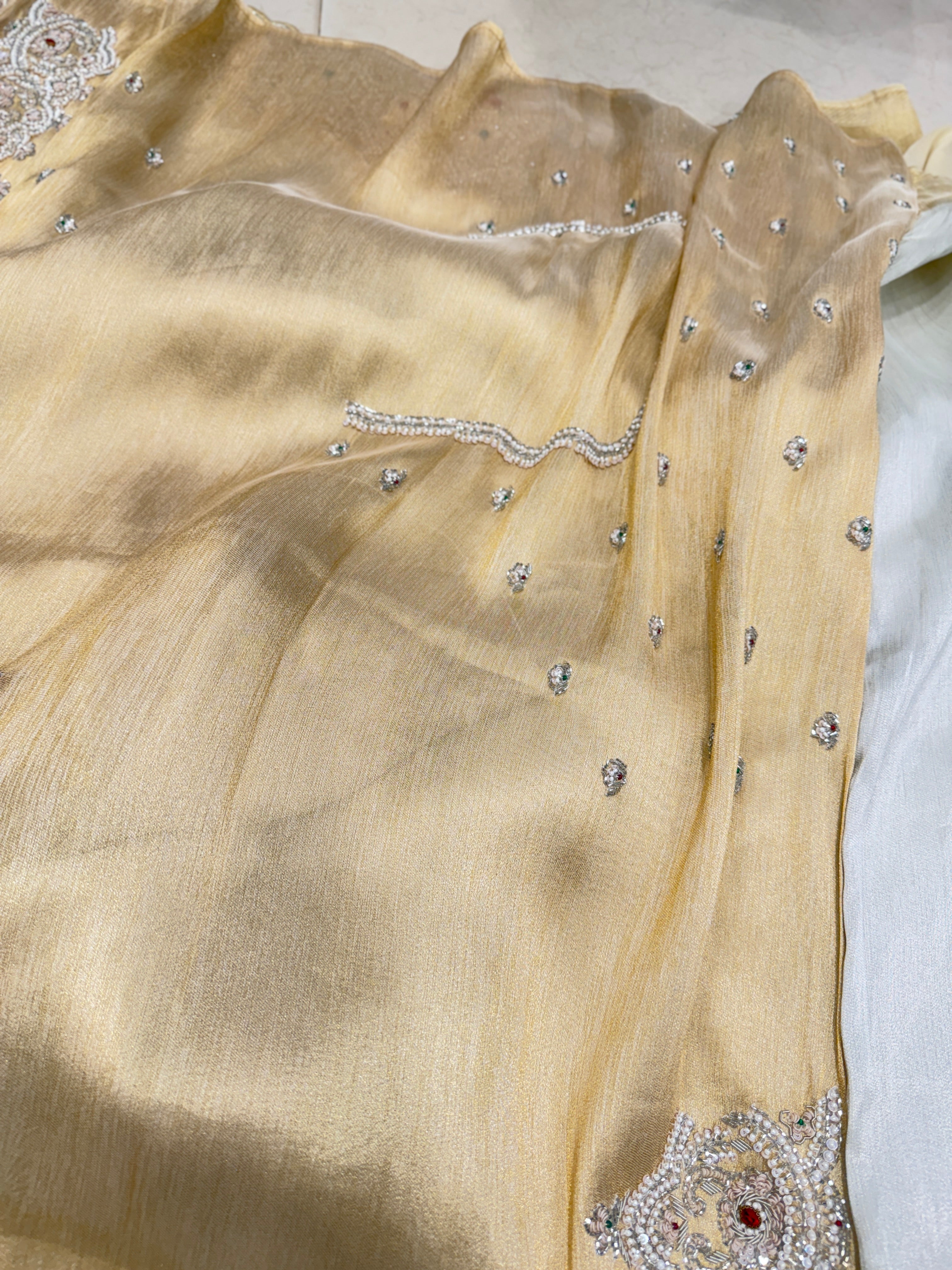 Silver Gold Tissue Hand Embroidery Crystal Embroidery Saree