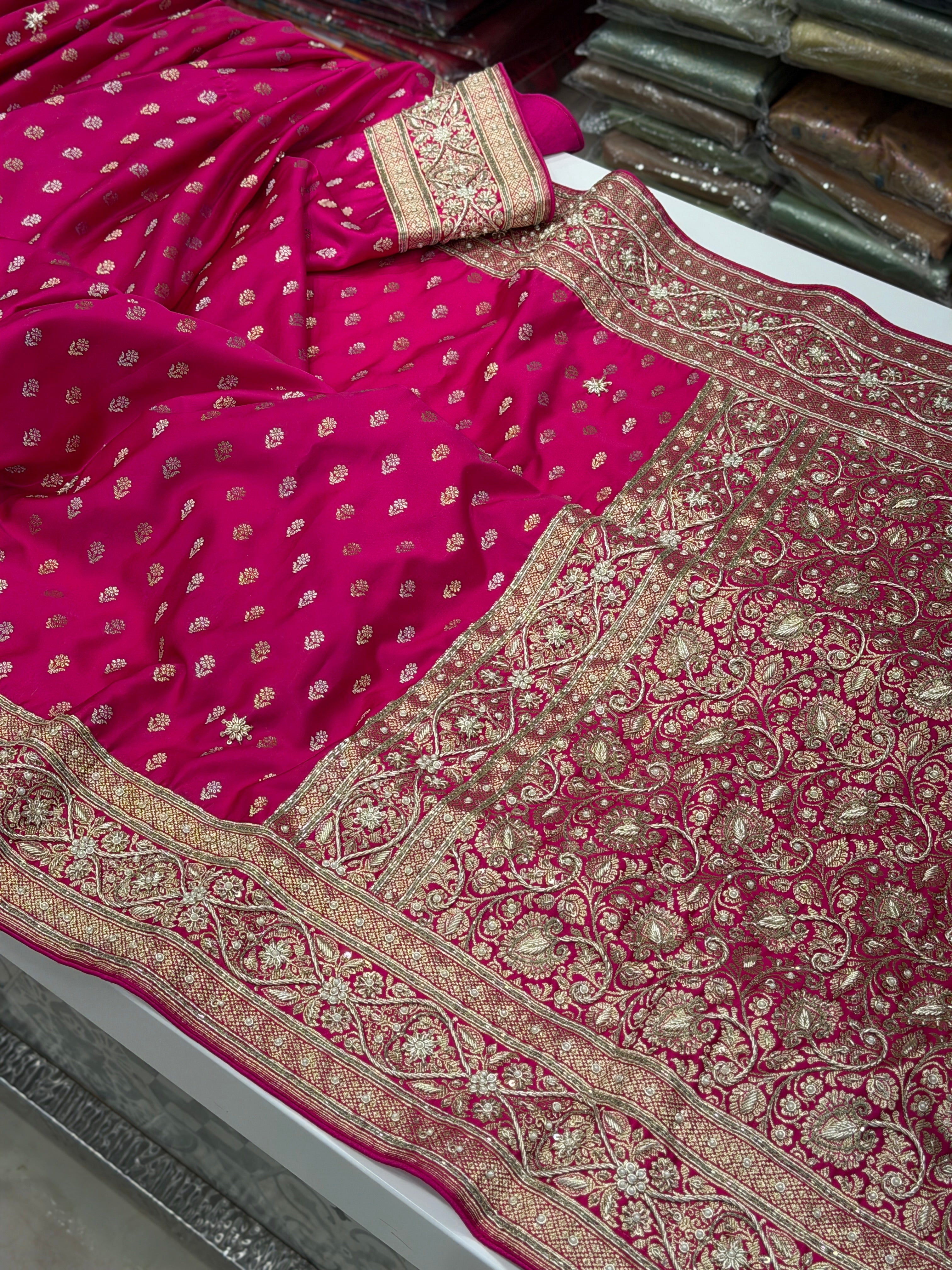 Rani Banarasi Silk Sona Roopa Buttis Zardosi Hand Embroidery Saree