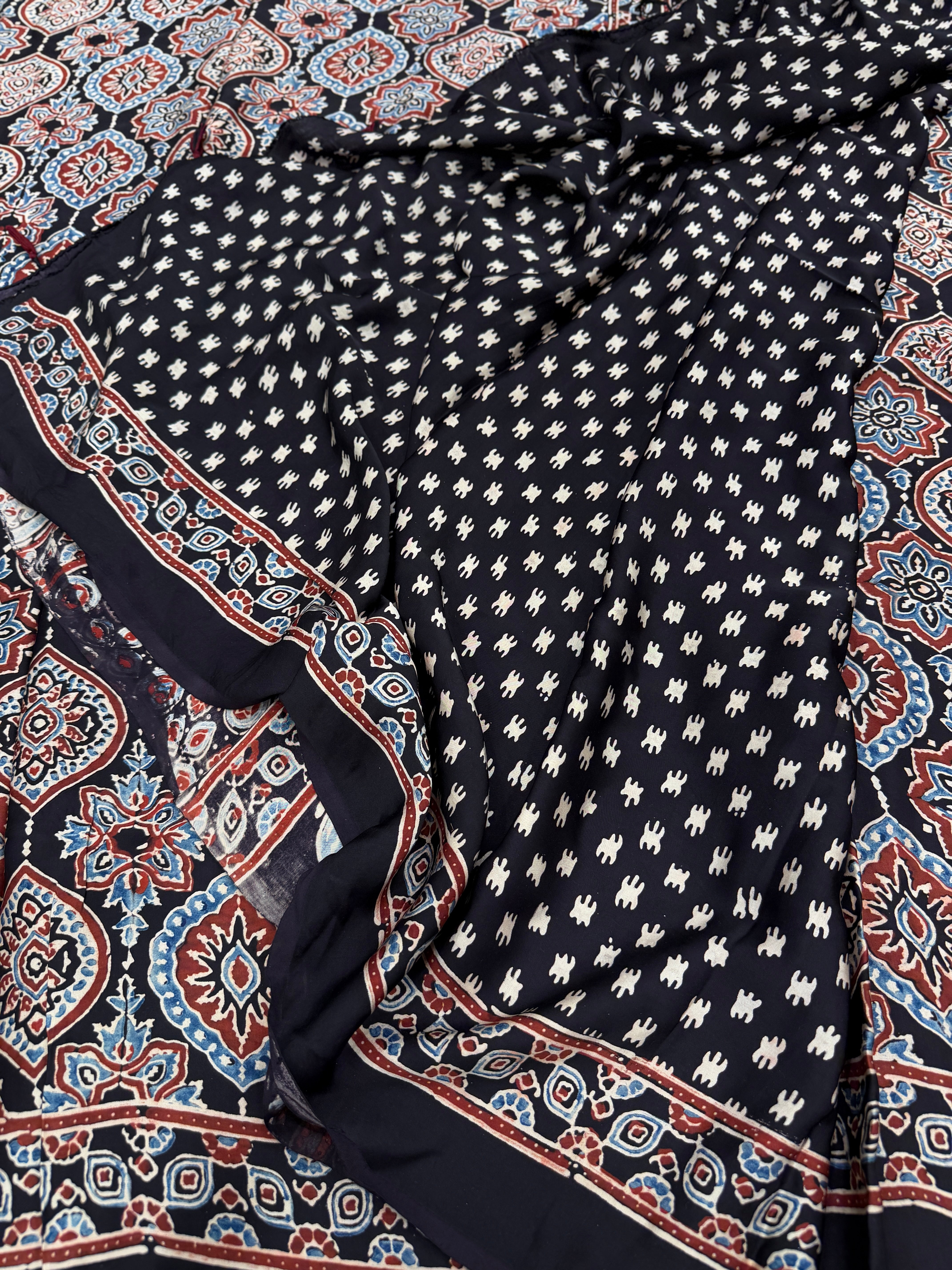 Black Badam Ajrakh Hand Block Print Pure Gajji Silk Saree