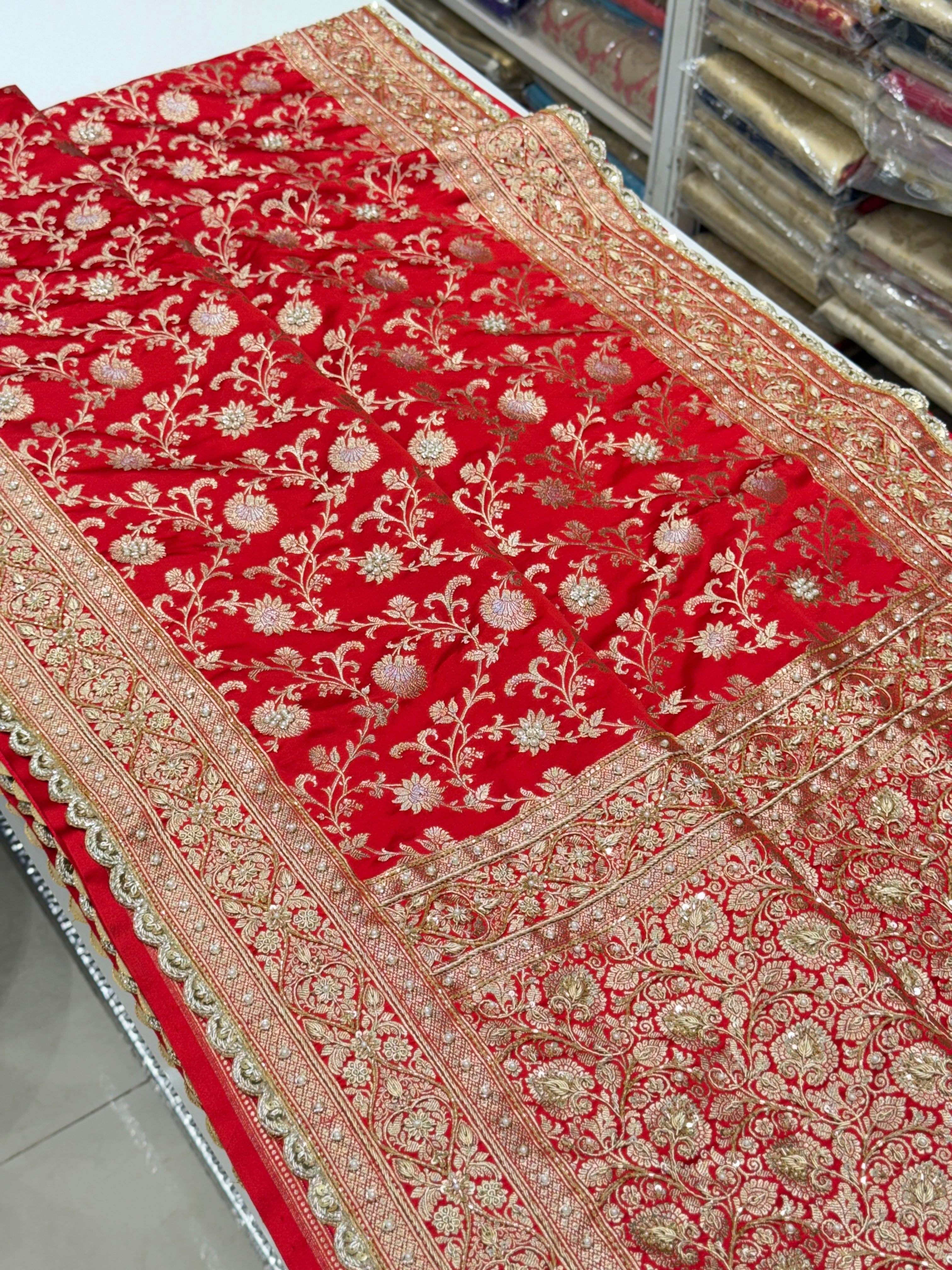 Red Small Jaal Banarasi Zardosi Embroidery Saree