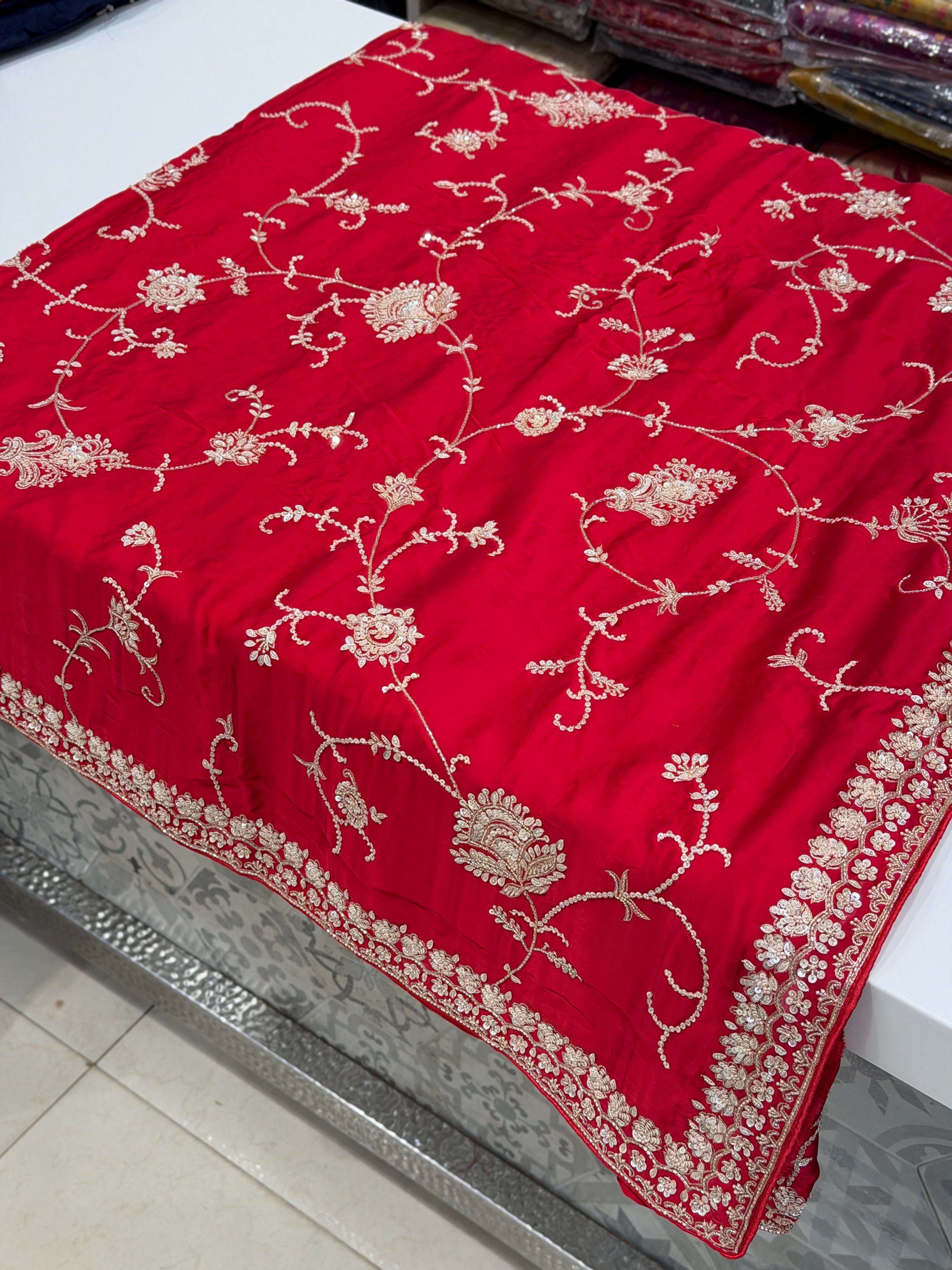 Red Satin Floral Jaal Hand Embroidery Saree
