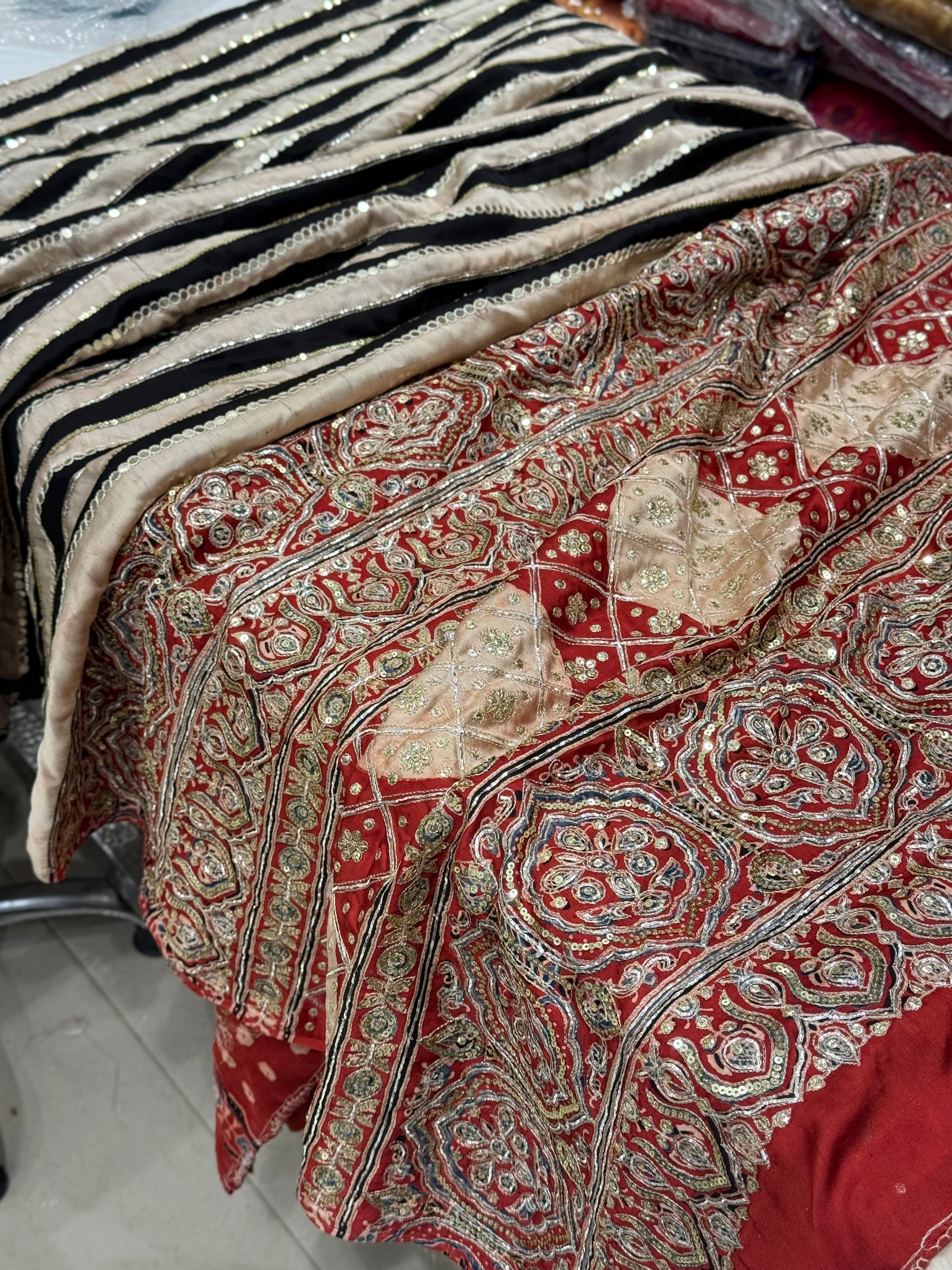 Black White Contemporary Mirror Ajrakh Hand Embroidery Saree