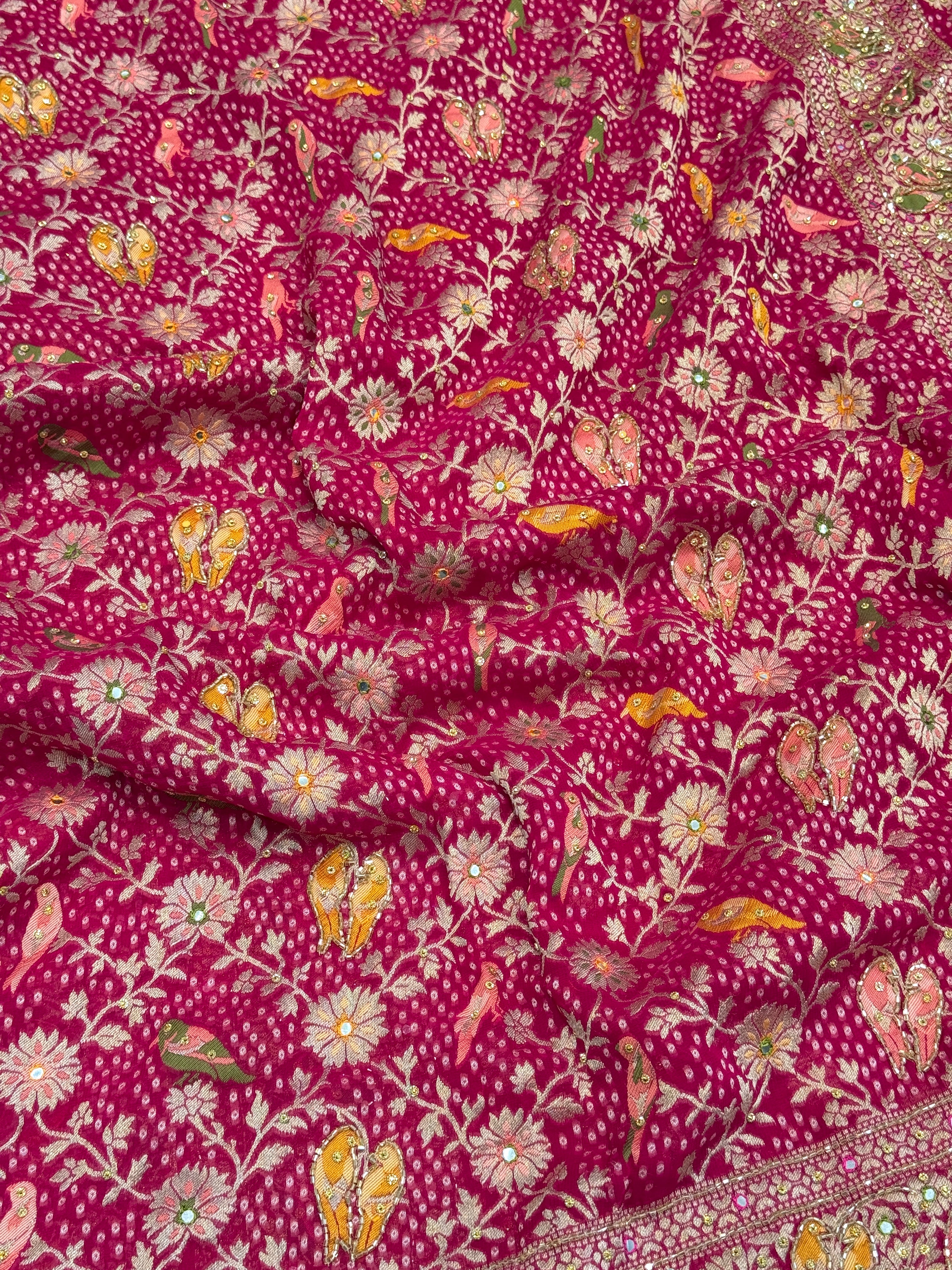 Rani Woven Bandhej  Meenakari  Parrot Motif Hand Embroidery Saree