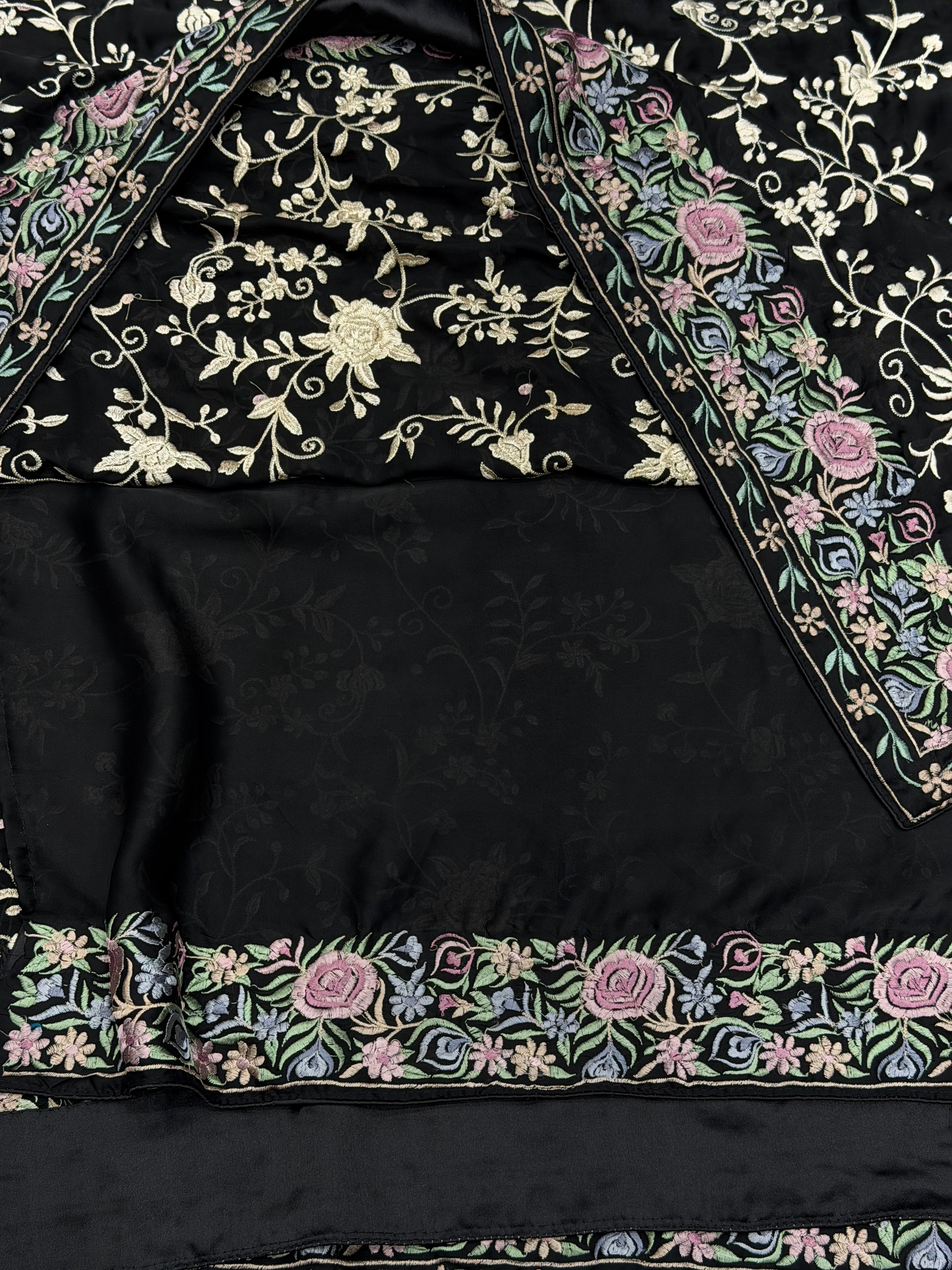 Black Crepe Floral Multi Resham Border Parsi Gara Saree