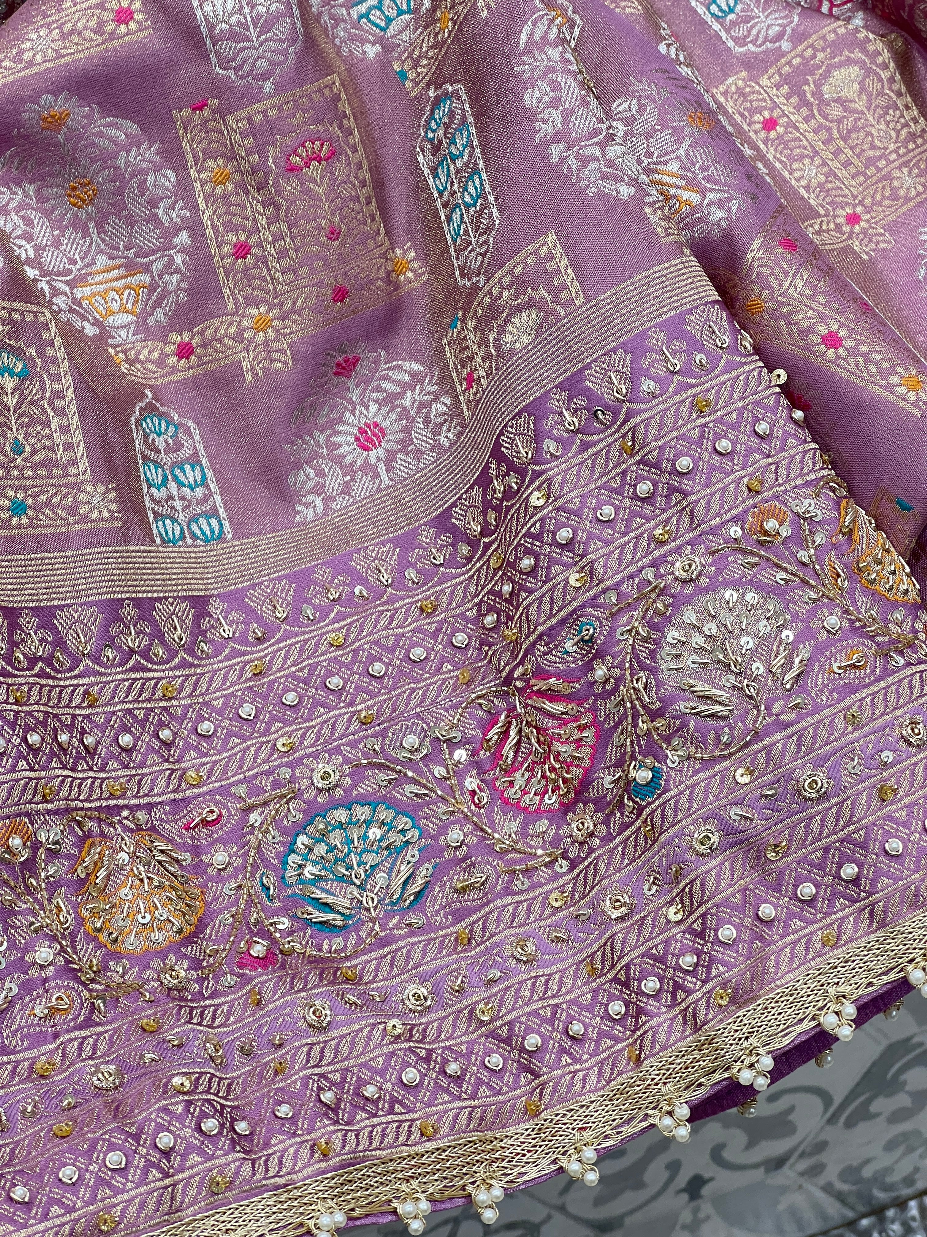 Lilac Tissue Banarasi Hand Embroidery Saree